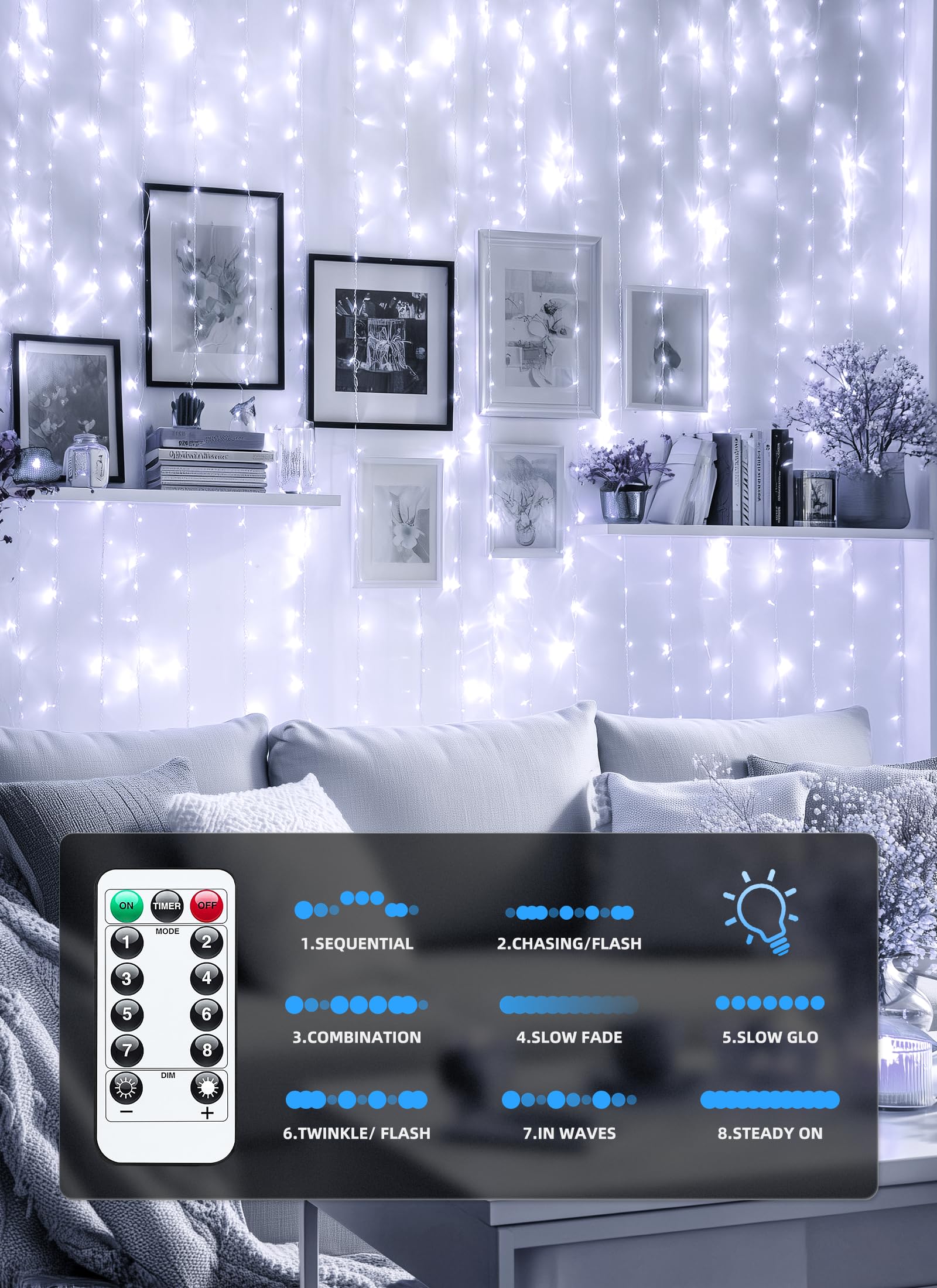 Brightown 300 LED Fairy Curtain Lights, 9.8ft x 9.8ft Warm White Curtain String Lights, USB Plug in 8 Lighting Modes Christmas Decoration, Hanging Lights with Remote for Bedroom Indoor Weddings Dorm