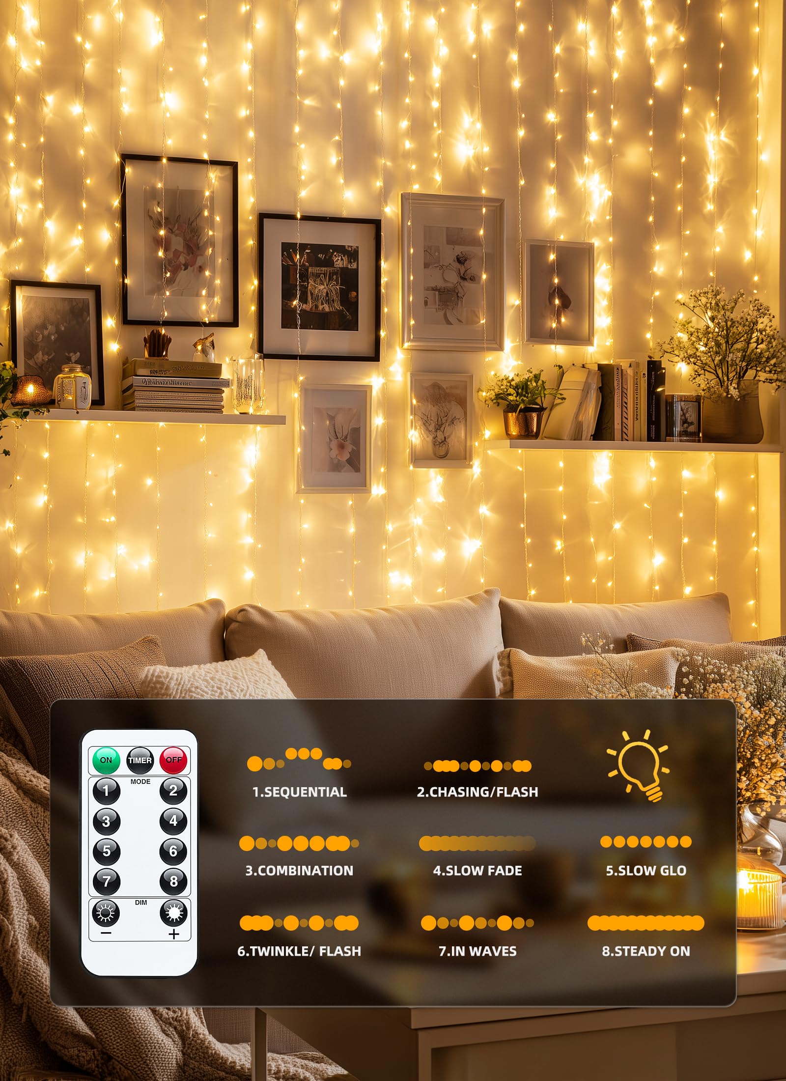 Brightown 300 LED Fairy Curtain Lights, 9.8ft x 9.8ft Warm White Curtain String Lights, USB Plug in 8 Lighting Modes Christmas Decoration, Hanging Lights with Remote for Bedroom Indoor Weddings Dorm