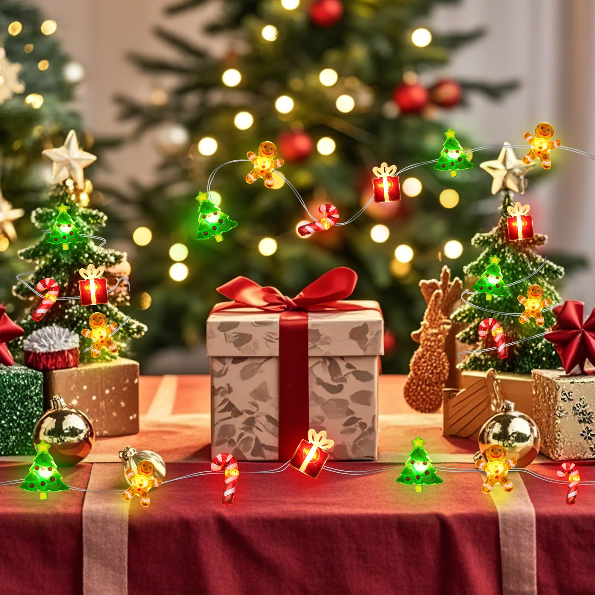 Christmas String Lights 12FT 32 LED Christmas Tree Santa Clause Snowman Gift Box Xmas String Lights Battery Operated Holiday Fairy Lights for Tree Light Decorations Table Home Indoor Holiday Decor