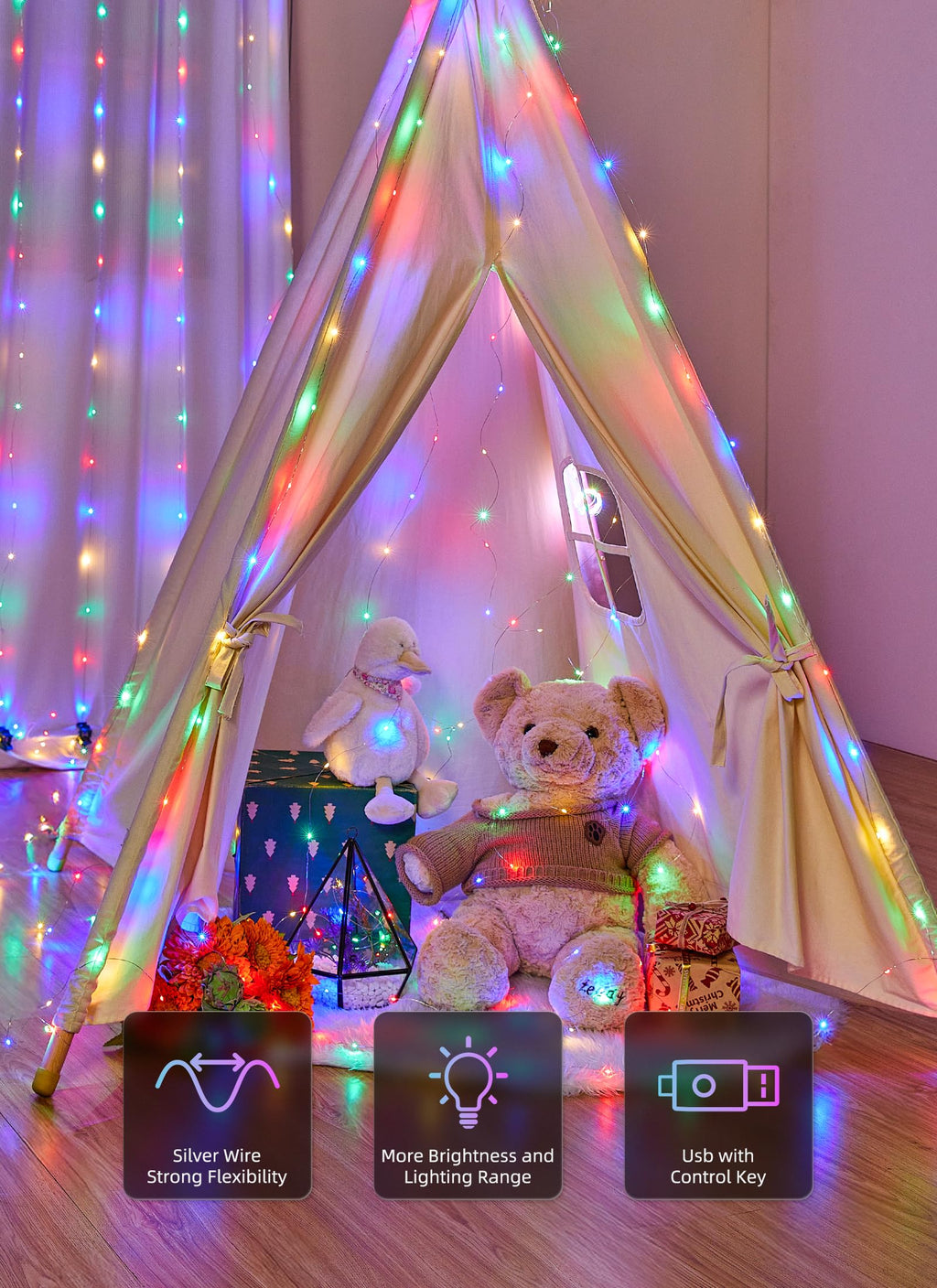 Brightown 300 LED Fairy Curtain Lights, 9.8ft x 9.8ft Warm White Curtain String Lights, USB Plug in 8 Lighting Modes Christmas Decoration, Hanging Lights with Remote for Bedroom Indoor Weddings Dorm