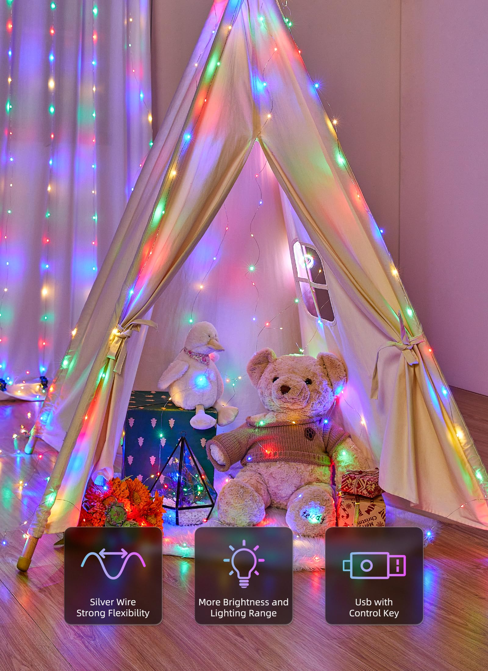 Brightown 300 LED Fairy Curtain Lights, 9.8ft x 9.8ft Warm White Curtain String Lights, USB Plug in 8 Lighting Modes Christmas Decoration, Hanging Lights with Remote for Bedroom Indoor Weddings Dorm