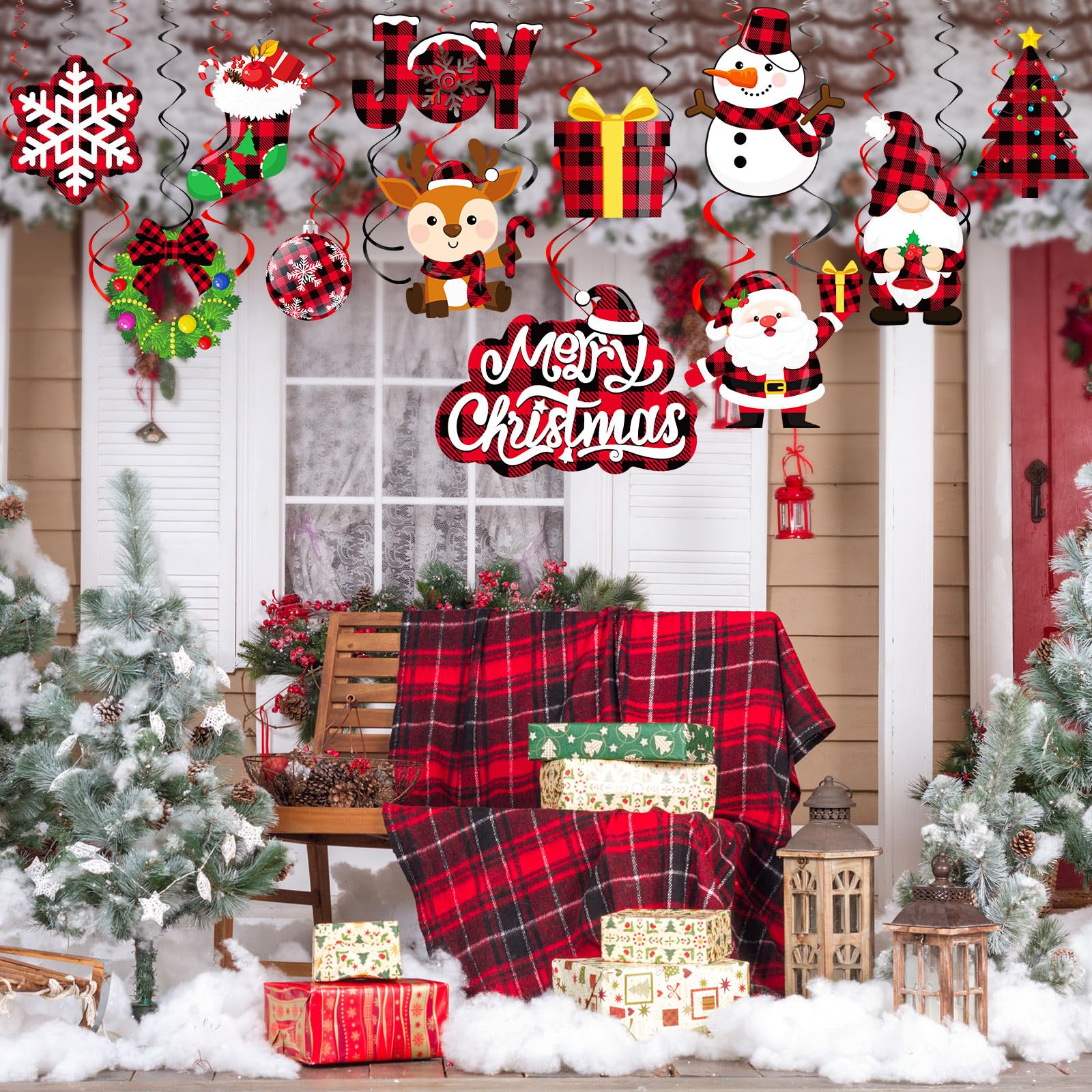 Sumind 30 Pcs Christmas Swirl Ceiling Hanging Decorations Set Xmas Holiday Snowman Elk Sign Hanging Foil Christmas Indoor Decorations for Ceiling Xmas Holiday Party Decor(Red, Black)
