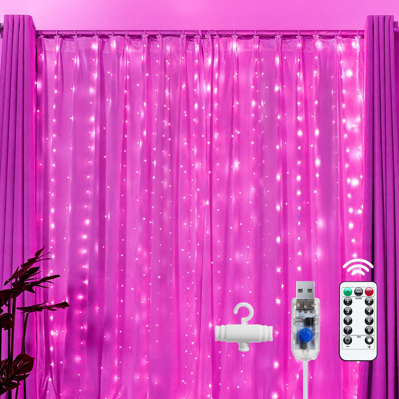 Brightown 300 LED Fairy Curtain Lights, 9.8ft x 9.8ft Warm White Curtain String Lights, USB Plug in 8 Lighting Modes Christmas Decoration, Hanging Lights with Remote for Bedroom Indoor Weddings Dorm