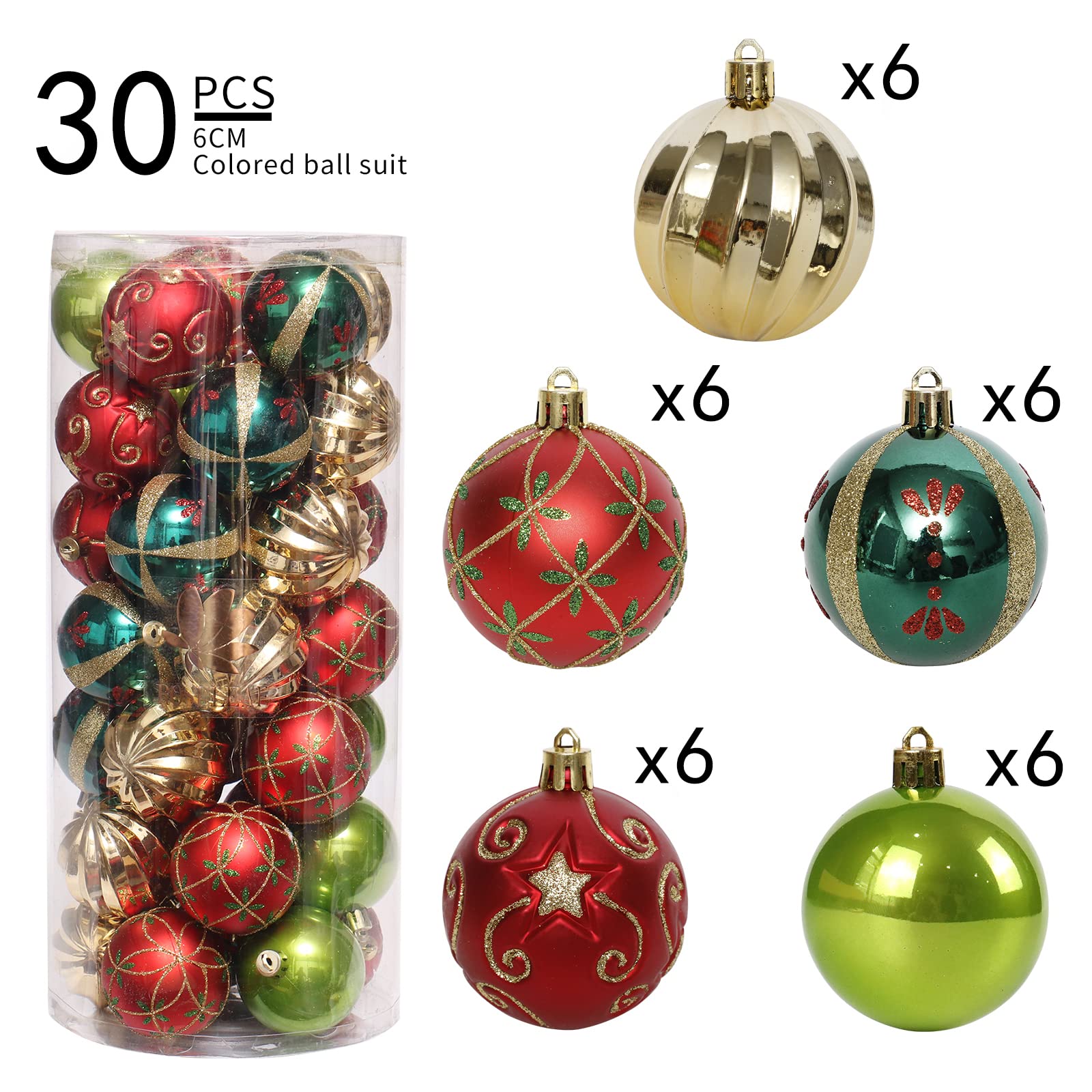 ROSELEAF 30ct 2.36" Shatterproof Christmas Tree Ornaments - Red, Green, Gold Plastic Hanging Balls - Christmas, Wedding And Engagement Occasion