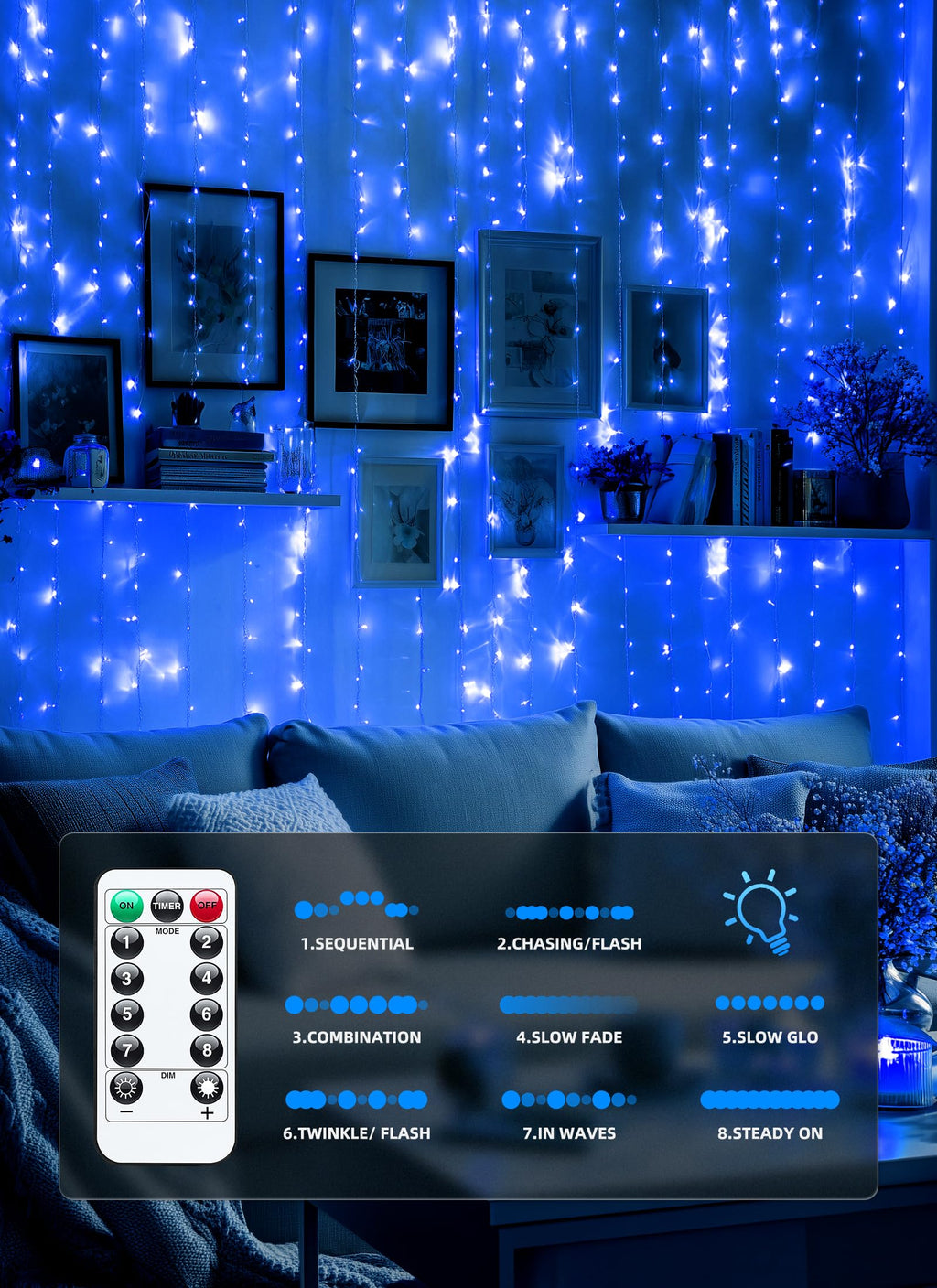 Brightown 300 LED Fairy Curtain Lights, 9.8ft x 9.8ft Warm White Curtain String Lights, USB Plug in 8 Lighting Modes Christmas Decoration, Hanging Lights with Remote for Bedroom Indoor Weddings Dorm