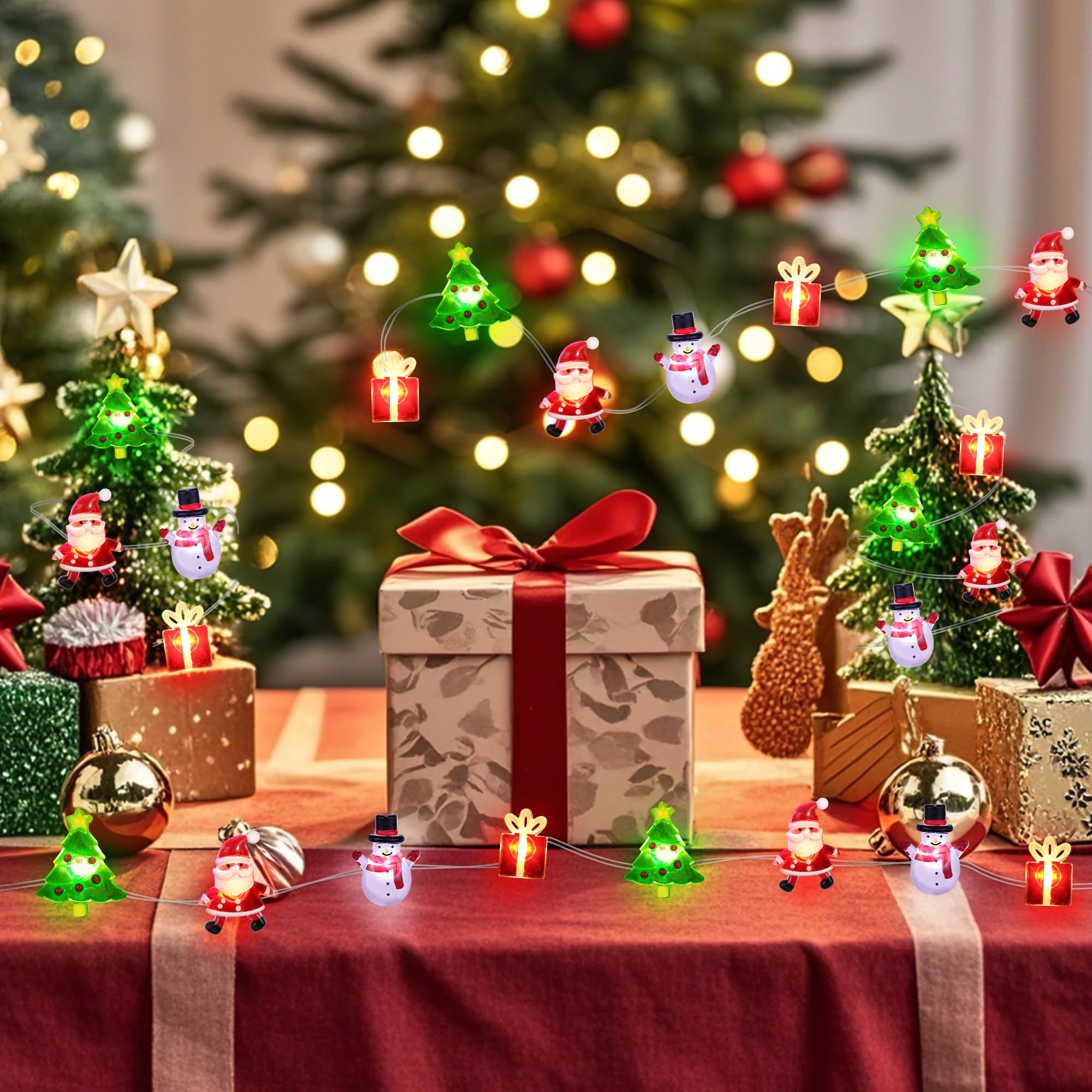 Christmas String Lights 12FT 32 LED Christmas Tree Santa Clause Snowman Gift Box Xmas String Lights Battery Operated Holiday Fairy Lights for Tree Light Decorations Table Home Indoor Holiday Decor