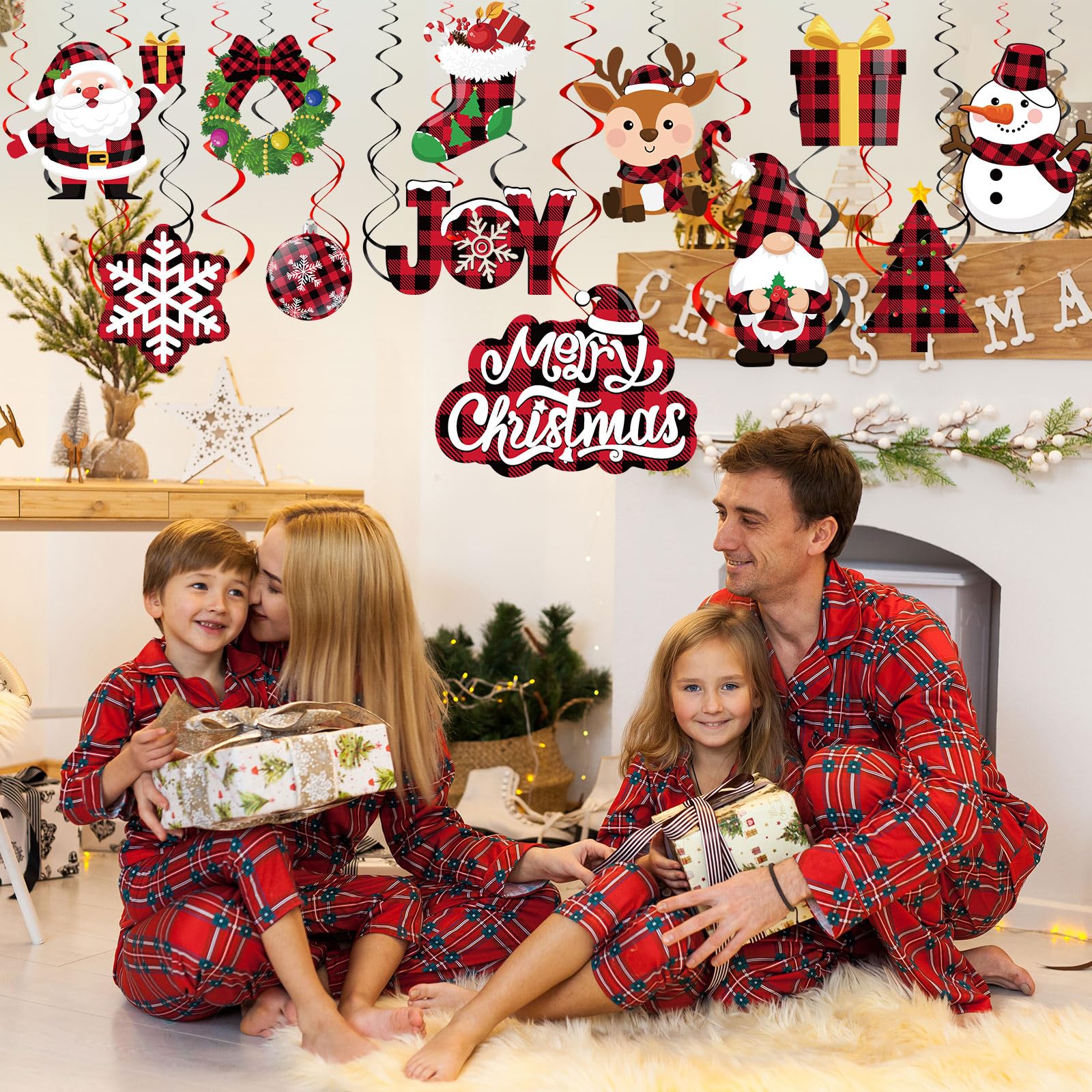 Sumind 30 Pcs Christmas Swirl Ceiling Hanging Decorations Set Xmas Holiday Snowman Elk Sign Hanging Foil Christmas Indoor Decorations for Ceiling Xmas Holiday Party Decor(Red, Black)