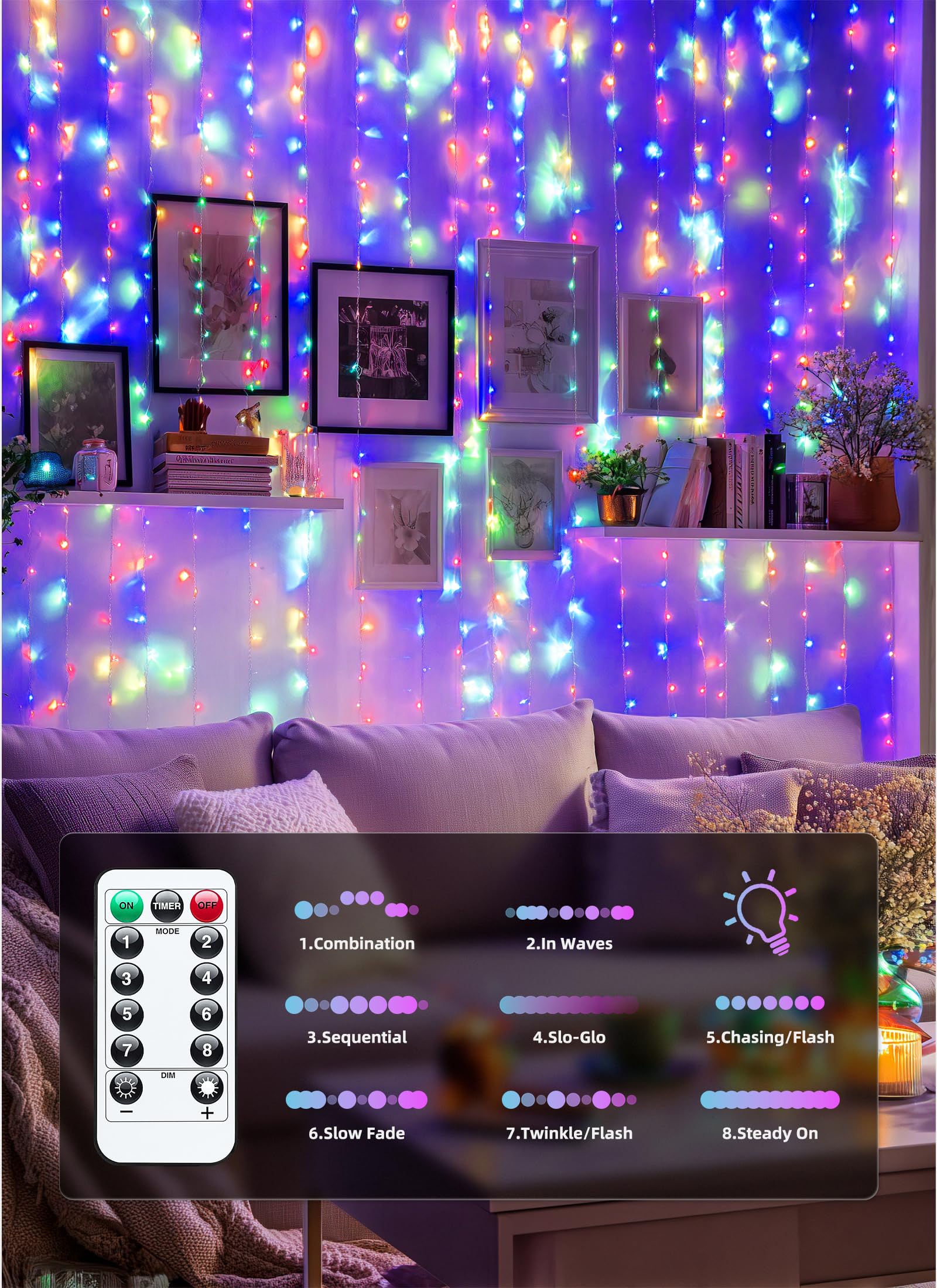 Brightown 300 LED Fairy Curtain Lights, 9.8ft x 9.8ft Warm White Curtain String Lights, USB Plug in 8 Lighting Modes Christmas Decoration, Hanging Lights with Remote for Bedroom Indoor Weddings Dorm