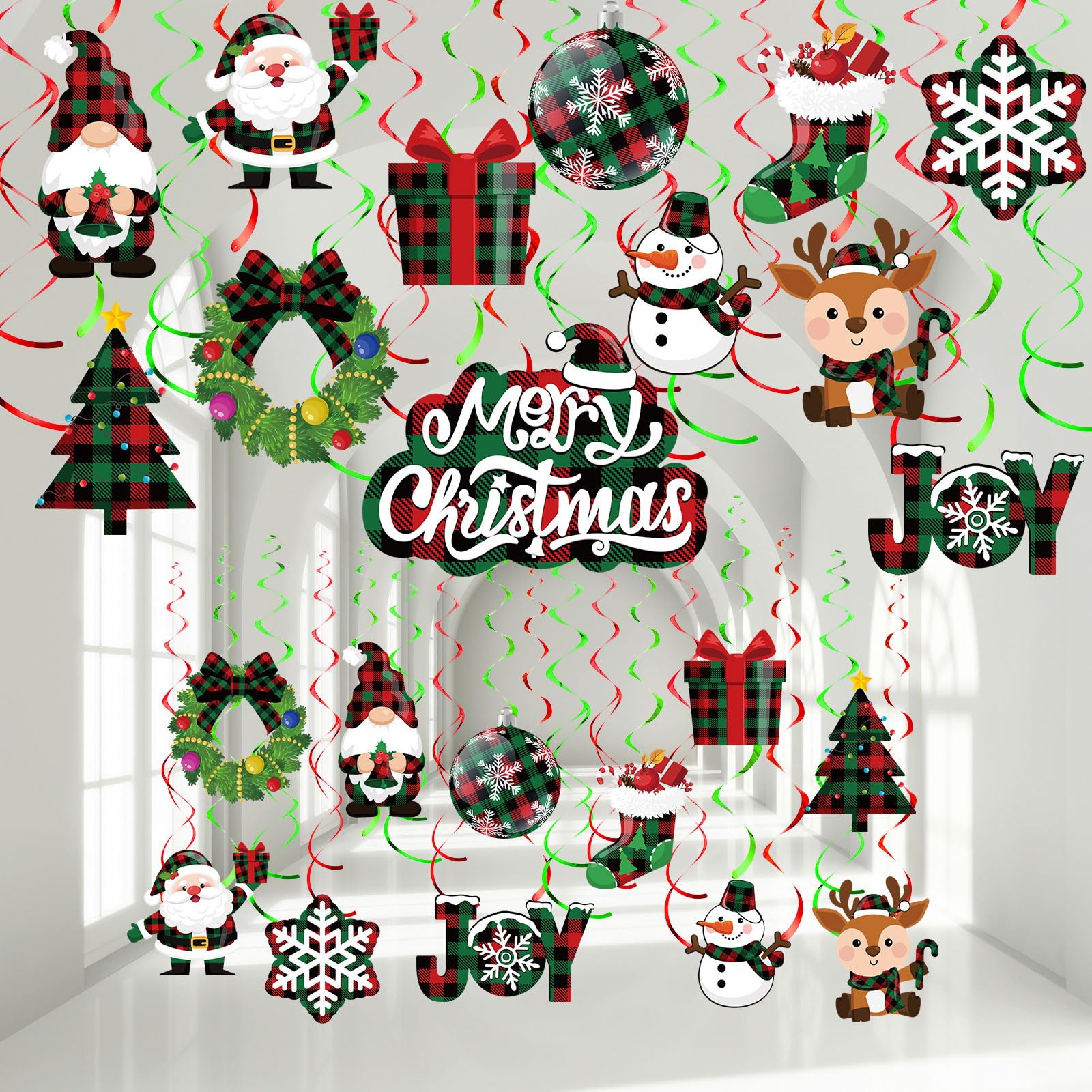 Sumind 30 Pcs Christmas Swirl Ceiling Hanging Decorations Set Xmas Holiday Snowman Elk Sign Hanging Foil Christmas Indoor Decorations for Ceiling Xmas Holiday Party Decor(Red, Black)