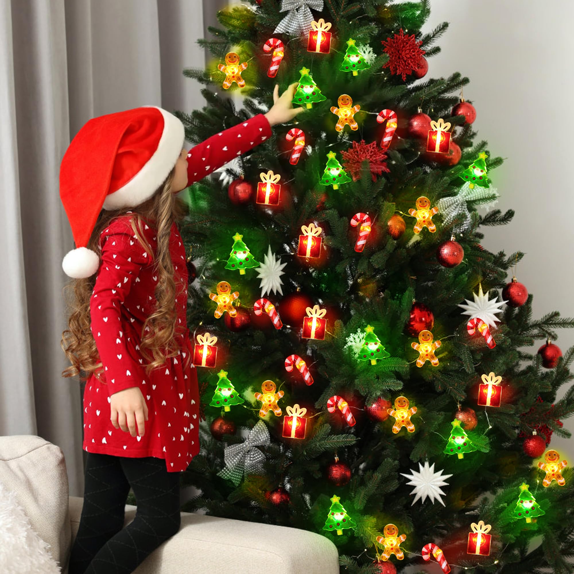 Christmas String Lights 12FT 32 LED Christmas Tree Santa Clause Snowman Gift Box Xmas String Lights Battery Operated Holiday Fairy Lights for Tree Light Decorations Table Home Indoor Holiday Decor