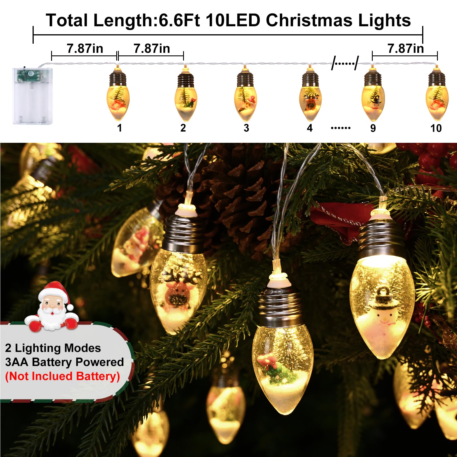 WENMER 2Pcs Christmas Snow Globe String Lights, 13.2FT Vintage Christmas Lights Indoor, 20 LED Globe Bulbs String Light with Snow & Cute Ornaments, Xmas Decor for Mantle, Patio, bedrooms