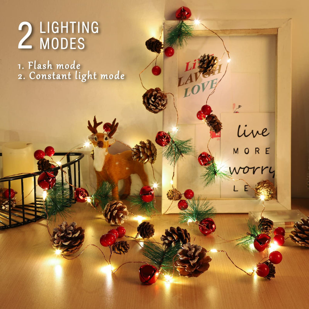 Christmas Garland with Lights, 10 Feet, 30 LED Lights, Pinecones, Red Berries, and Bells Decorations, Christmas Indoor Decorations for Home and Mantelpiece Door Frame Decorations