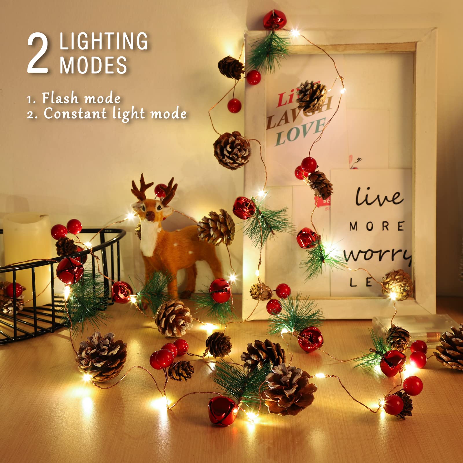 Christmas Garland with Lights, 10 Feet, 30 LED Lights, Pinecones, Red Berries, and Bells Decorations, Christmas Indoor Decorations for Home and Mantelpiece Door Frame Decorations