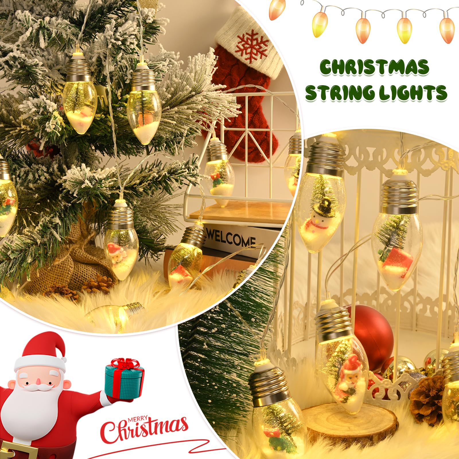 WENMER 2Pcs Christmas Snow Globe String Lights, 13.2FT Vintage Christmas Lights Indoor, 20 LED Globe Bulbs String Light with Snow & Cute Ornaments, Xmas Decor for Mantle, Patio, bedrooms