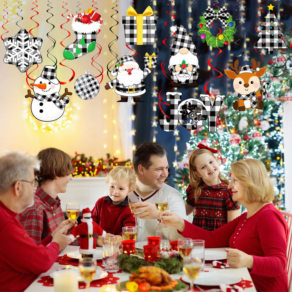 Sumind 30 Pcs Christmas Swirl Ceiling Hanging Decorations Set Xmas Holiday Snowman Elk Sign Hanging Foil Christmas Indoor Decorations for Ceiling Xmas Holiday Party Decor(Red, Black)