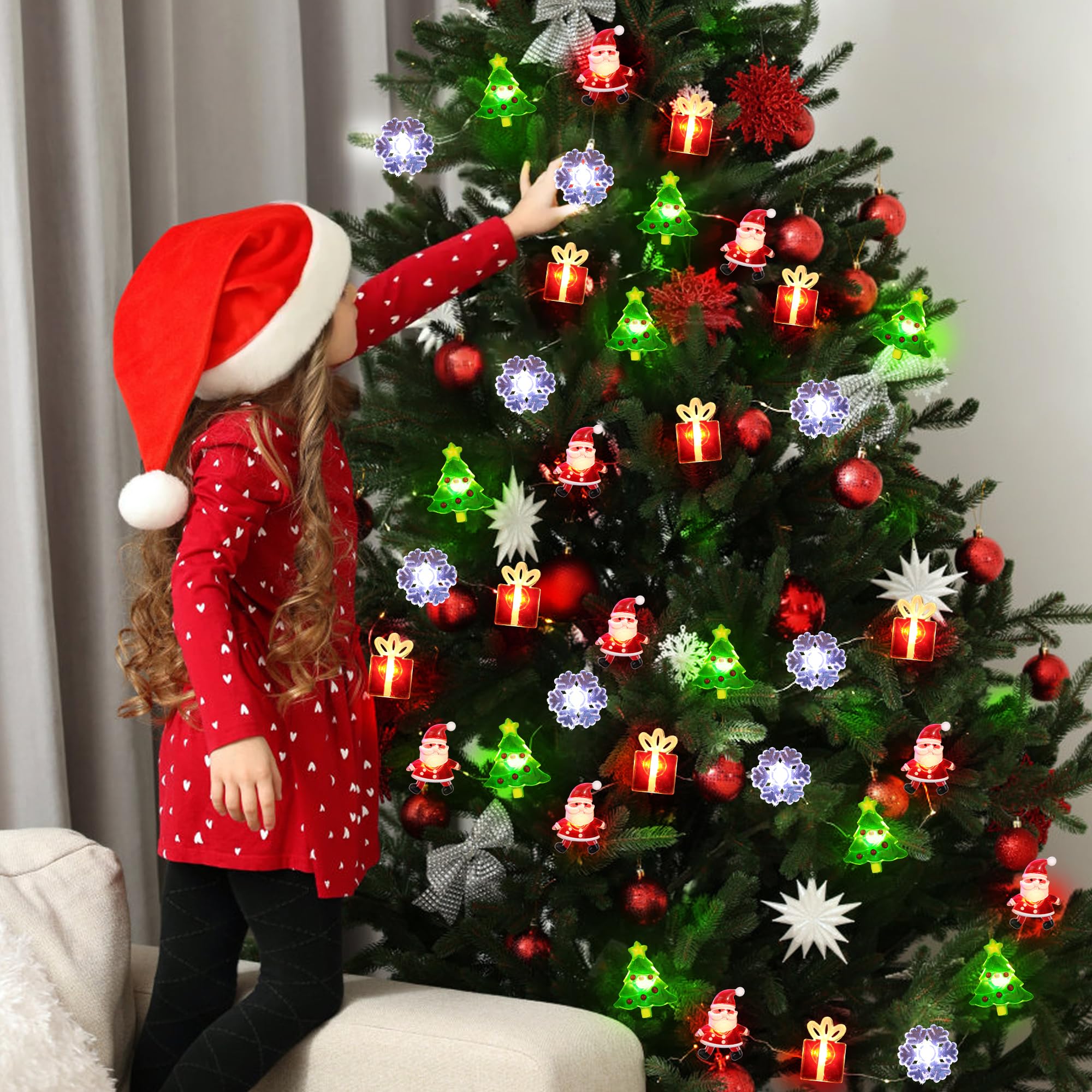 Christmas String Lights 12FT 32 LED Christmas Tree Santa Clause Snowman Gift Box Xmas String Lights Battery Operated Holiday Fairy Lights for Tree Light Decorations Table Home Indoor Holiday Decor