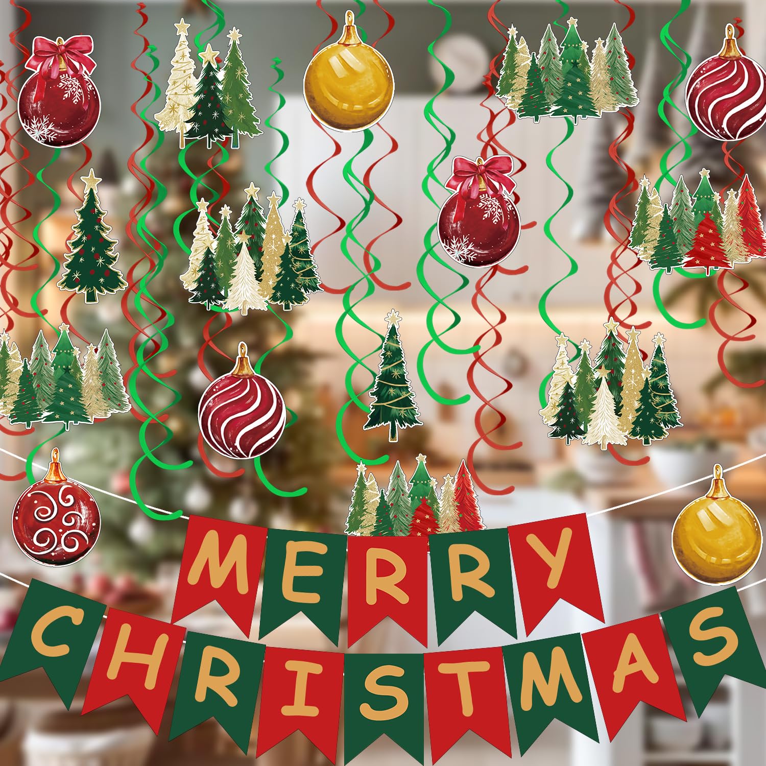 Horaldaily Christmas 30 Pieces Party Hanging Swirl Decorations, Christmas Trees Ball Ornaments Party Hanging Swirls Streamers Ceiling Decor for Home Office Classroom School Boys Girls Supplies