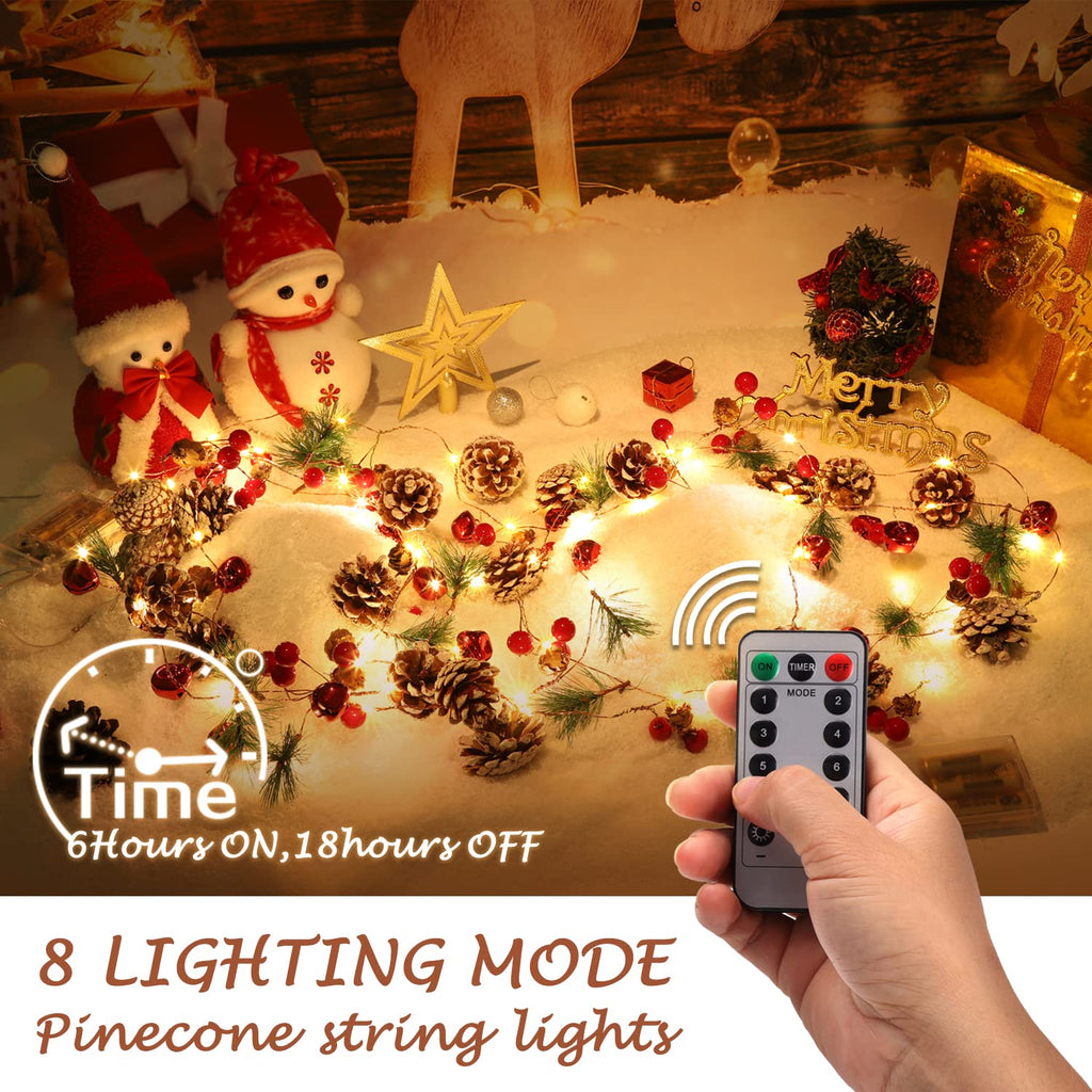 Christmas Garland with Lights, 10 Feet, 30 LED Lights, Pinecones, Red Berries, and Bells Decorations, Christmas Indoor Decorations for Home and Mantelpiece Door Frame Decorations