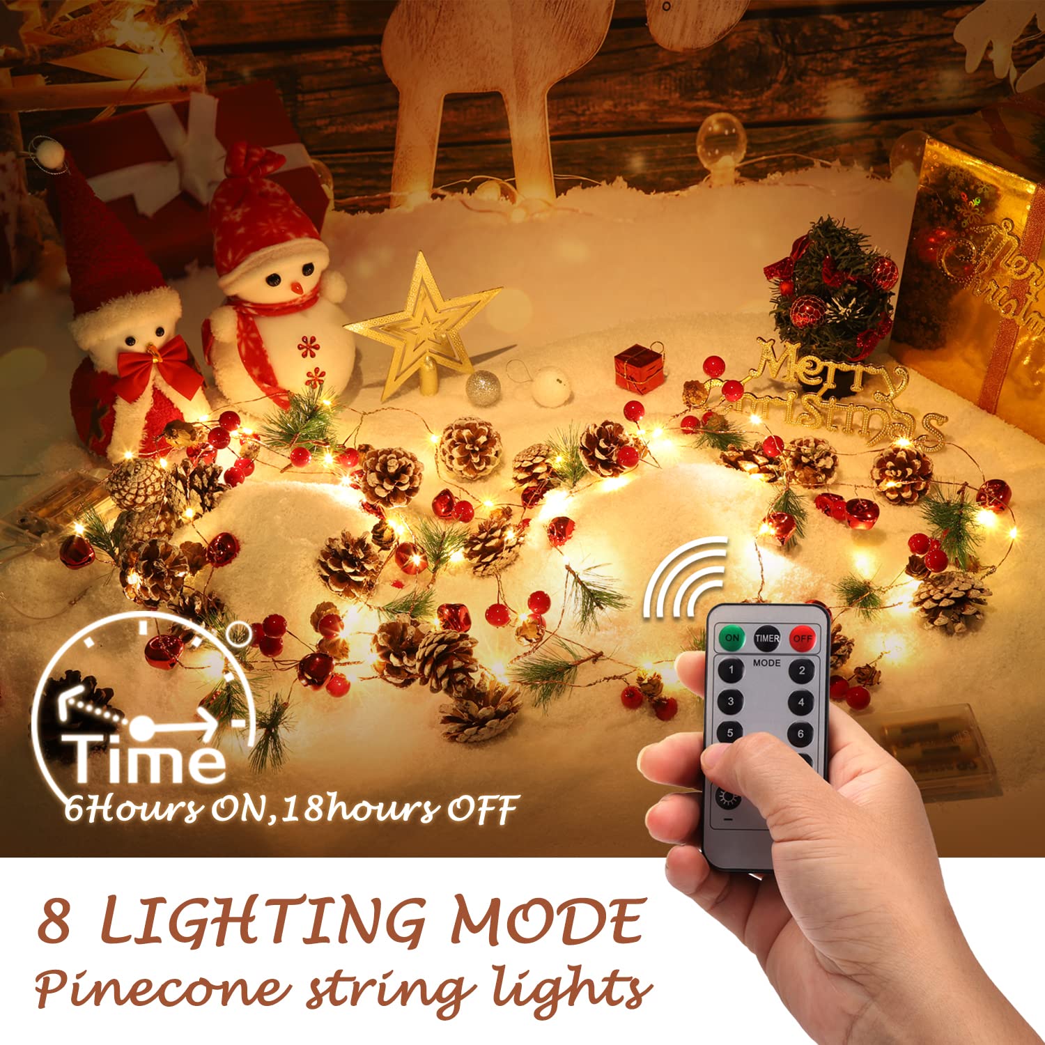 Christmas Garland with Lights, 10 Feet, 30 LED Lights, Pinecones, Red Berries, and Bells Decorations, Christmas Indoor Decorations for Home and Mantelpiece Door Frame Decorations