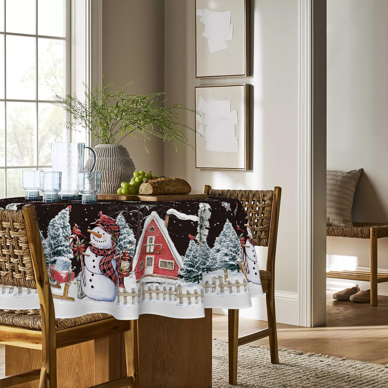 Horaldaily Christmas Tablecloth 60×84 Inch, Winter Snowman House Christmas Trees Red Washable Table Cover for Party Picnic Dinner Decor