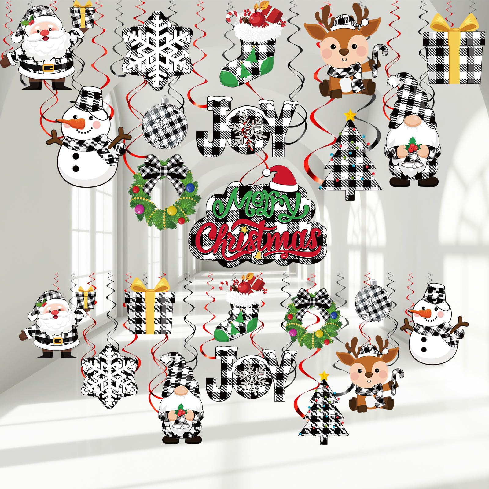 Sumind 30 Pcs Christmas Swirl Ceiling Hanging Decorations Set Xmas Holiday Snowman Elk Sign Hanging Foil Christmas Indoor Decorations for Ceiling Xmas Holiday Party Decor(Red, Black)