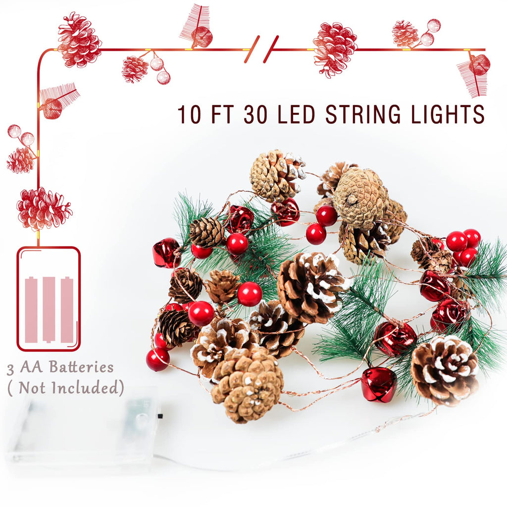 Christmas Garland with Lights, 10 Feet, 30 LED Lights, Pinecones, Red Berries, and Bells Decorations, Christmas Indoor Decorations for Home and Mantelpiece Door Frame Decorations