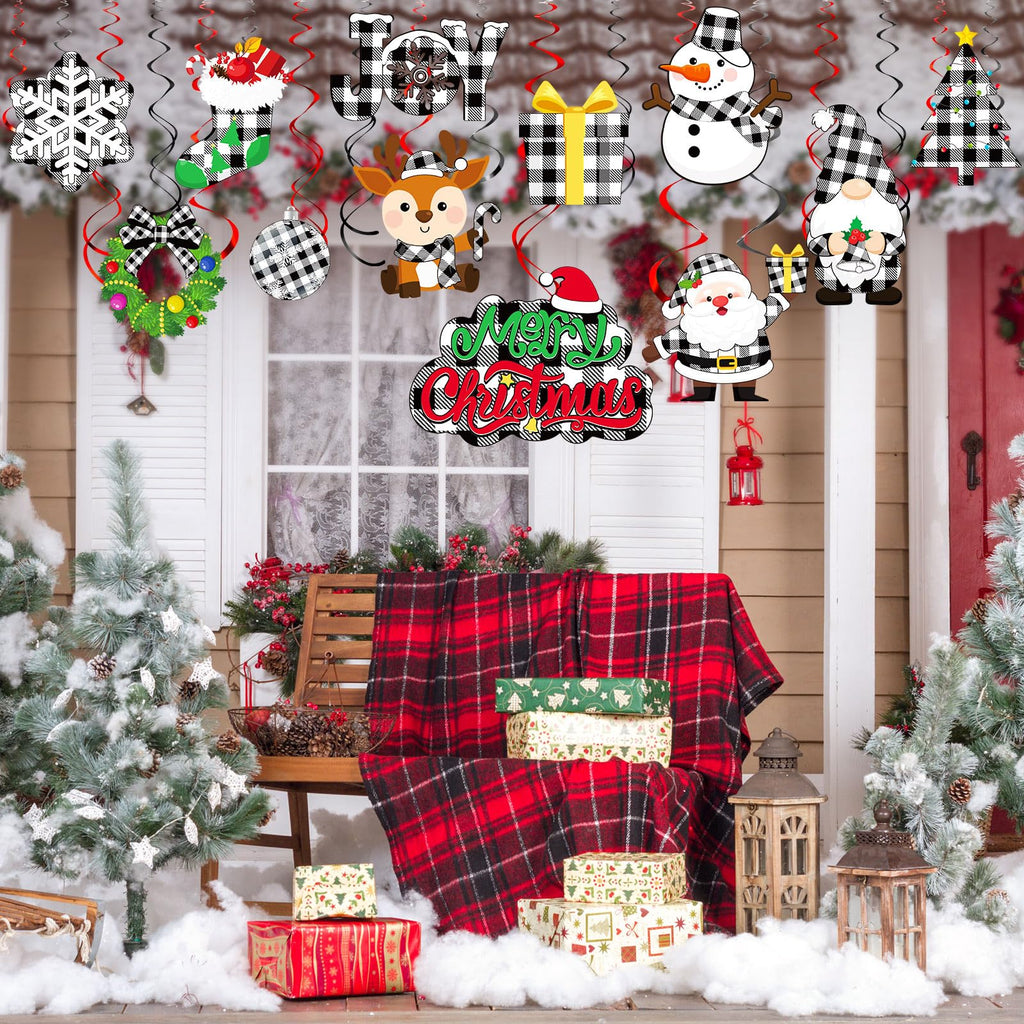 Sumind 30 Pcs Christmas Swirl Ceiling Hanging Decorations Set Xmas Holiday Snowman Elk Sign Hanging Foil Christmas Indoor Decorations for Ceiling Xmas Holiday Party Decor(Red, Black)