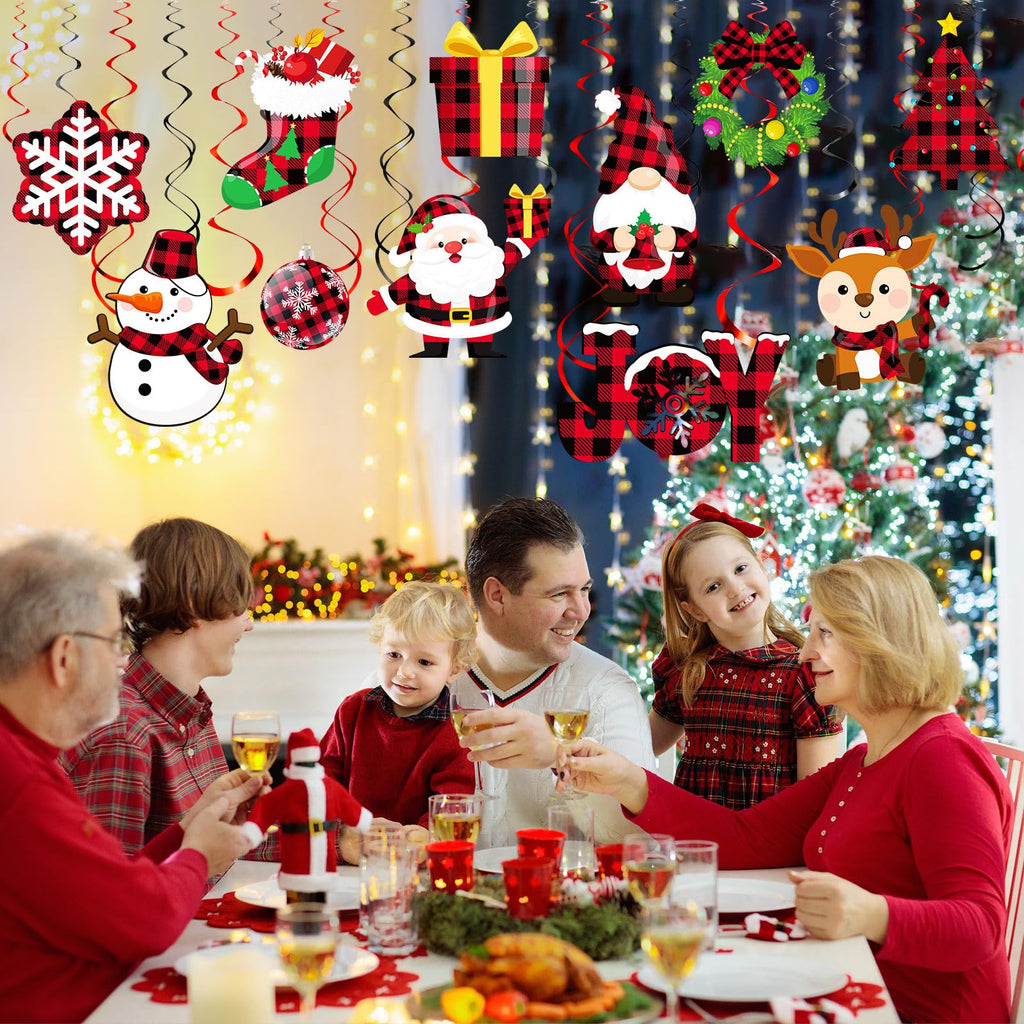 Sumind 30 Pcs Christmas Swirl Ceiling Hanging Decorations Set Xmas Holiday Snowman Elk Sign Hanging Foil Christmas Indoor Decorations for Ceiling Xmas Holiday Party Decor(Red, Black)