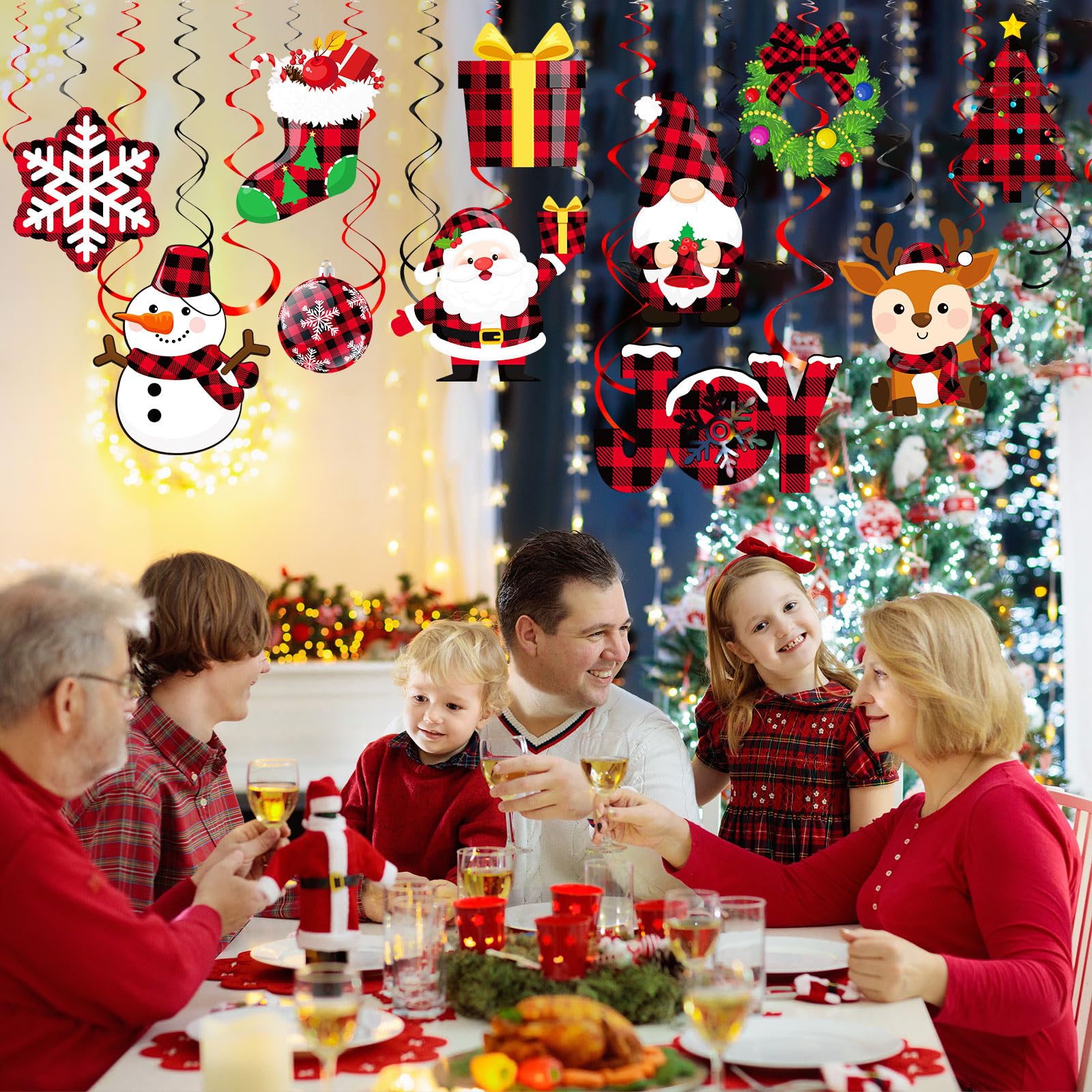 Sumind 30 Pcs Christmas Swirl Ceiling Hanging Decorations Set Xmas Holiday Snowman Elk Sign Hanging Foil Christmas Indoor Decorations for Ceiling Xmas Holiday Party Decor(Red, Black)