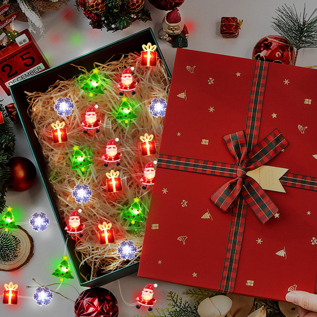 Christmas String Lights 12FT 32 LED Christmas Tree Santa Clause Snowman Gift Box Xmas String Lights Battery Operated Holiday Fairy Lights for Tree Light Decorations Table Home Indoor Holiday Decor