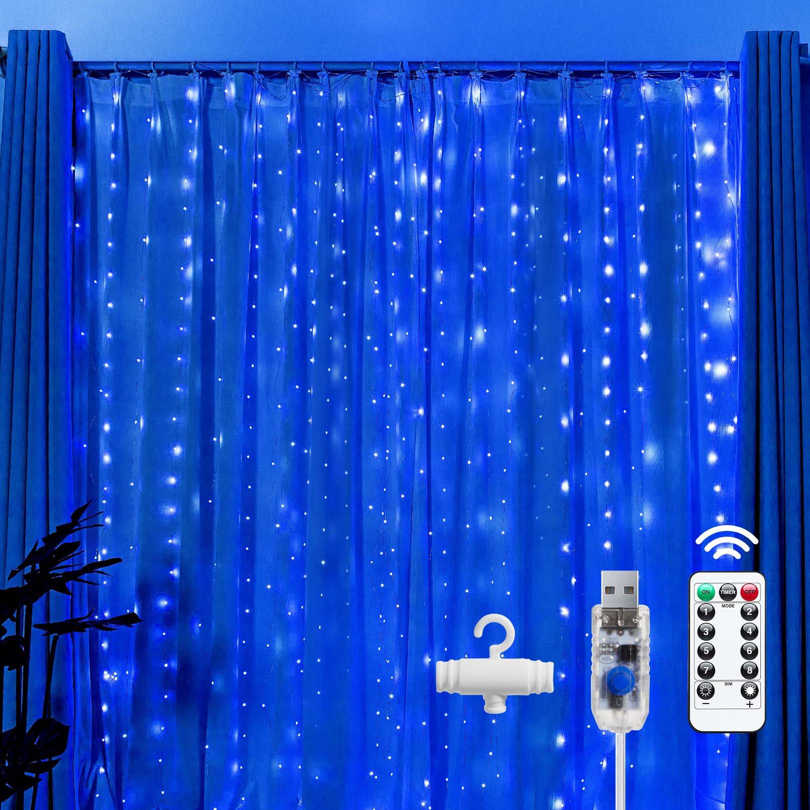 Brightown 300 LED Fairy Curtain Lights, 9.8ft x 9.8ft Warm White Curtain String Lights, USB Plug in 8 Lighting Modes Christmas Decoration, Hanging Lights with Remote for Bedroom Indoor Weddings Dorm