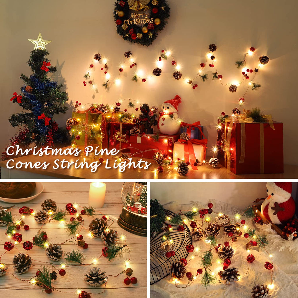 Christmas Garland with Lights, 10 Feet, 30 LED Lights, Pinecones, Red Berries, and Bells Decorations, Christmas Indoor Decorations for Home and Mantelpiece Door Frame Decorations