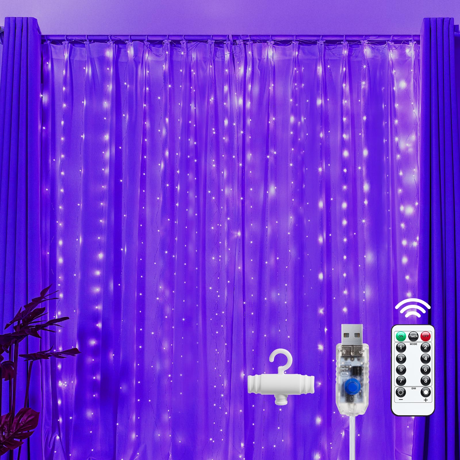 Brightown 300 LED Fairy Curtain Lights, 9.8ft x 9.8ft Warm White Curtain String Lights, USB Plug in 8 Lighting Modes Christmas Decoration, Hanging Lights with Remote for Bedroom Indoor Weddings Dorm