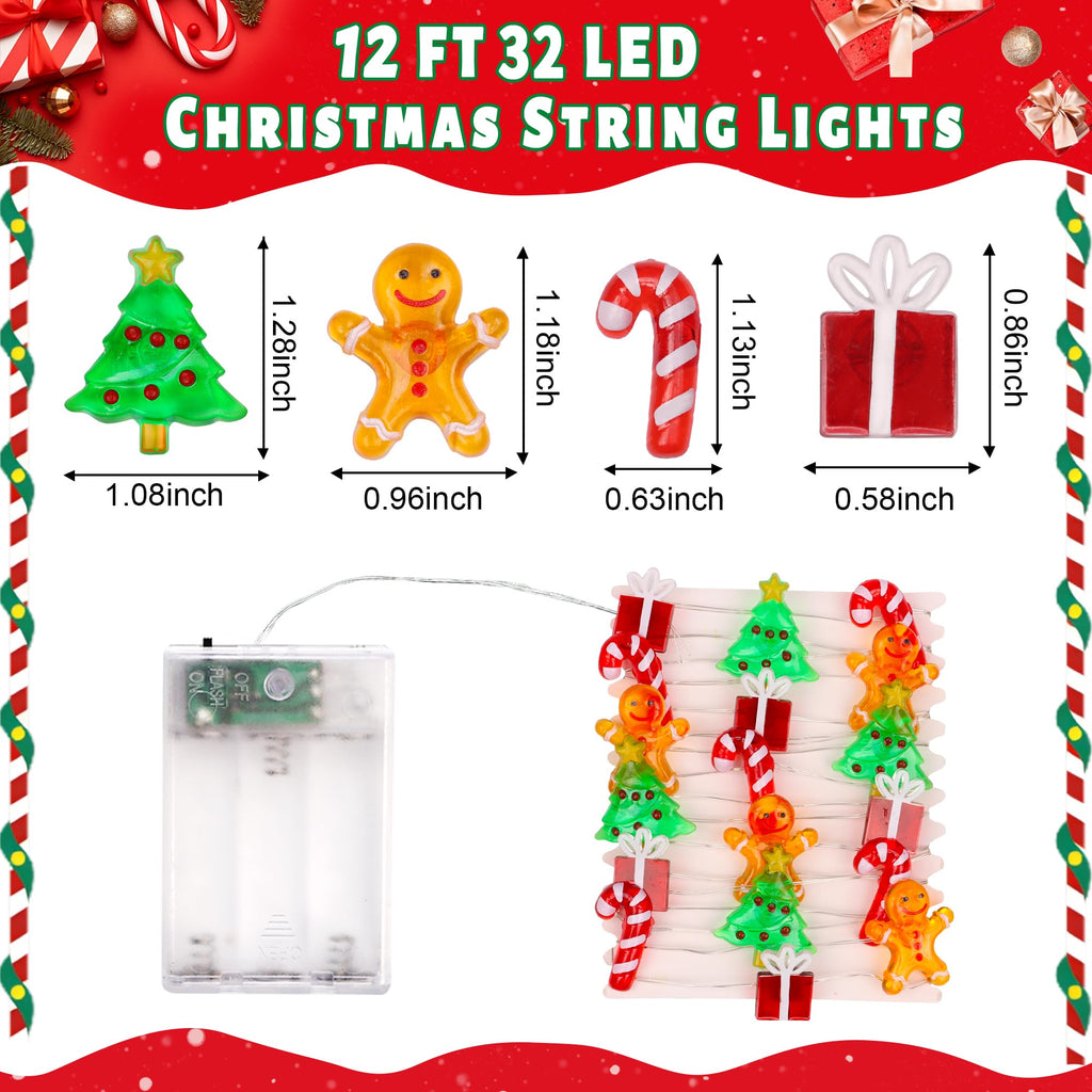 Christmas String Lights 12FT 32 LED Christmas Tree Santa Clause Snowman Gift Box Xmas String Lights Battery Operated Holiday Fairy Lights for Tree Light Decorations Table Home Indoor Holiday Decor