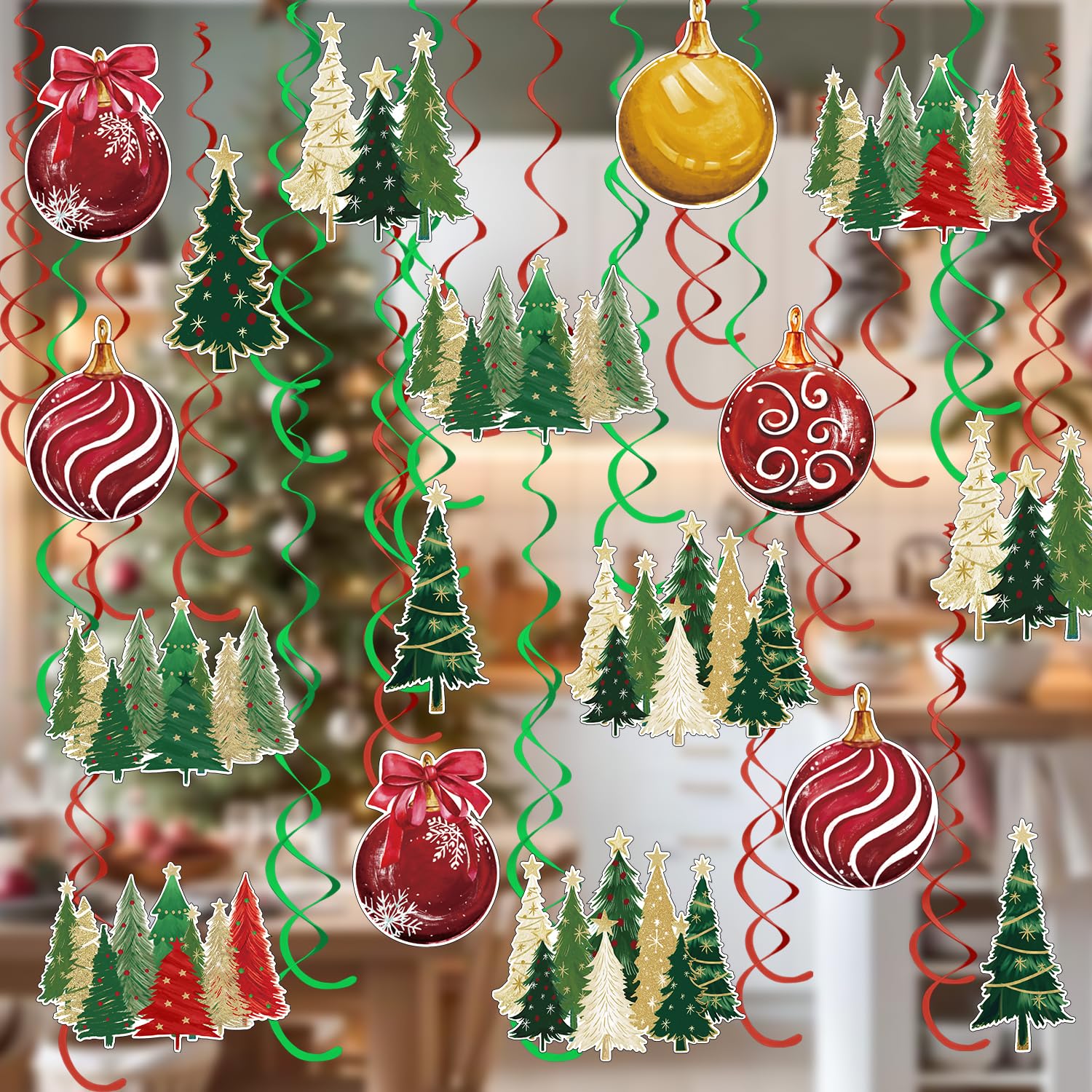 Horaldaily Christmas 30 Pieces Party Hanging Swirl Decorations, Christmas Trees Ball Ornaments Party Hanging Swirls Streamers Ceiling Decor for Home Office Classroom School Boys Girls Supplies