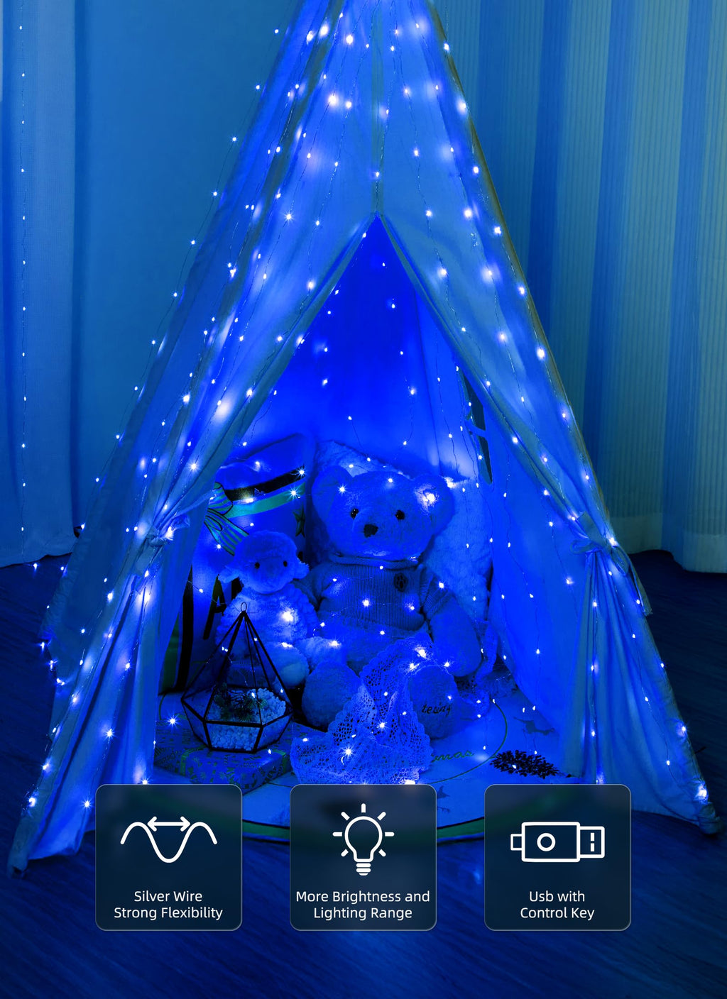 Brightown 300 LED Fairy Curtain Lights, 9.8ft x 9.8ft Warm White Curtain String Lights, USB Plug in 8 Lighting Modes Christmas Decoration, Hanging Lights with Remote for Bedroom Indoor Weddings Dorm