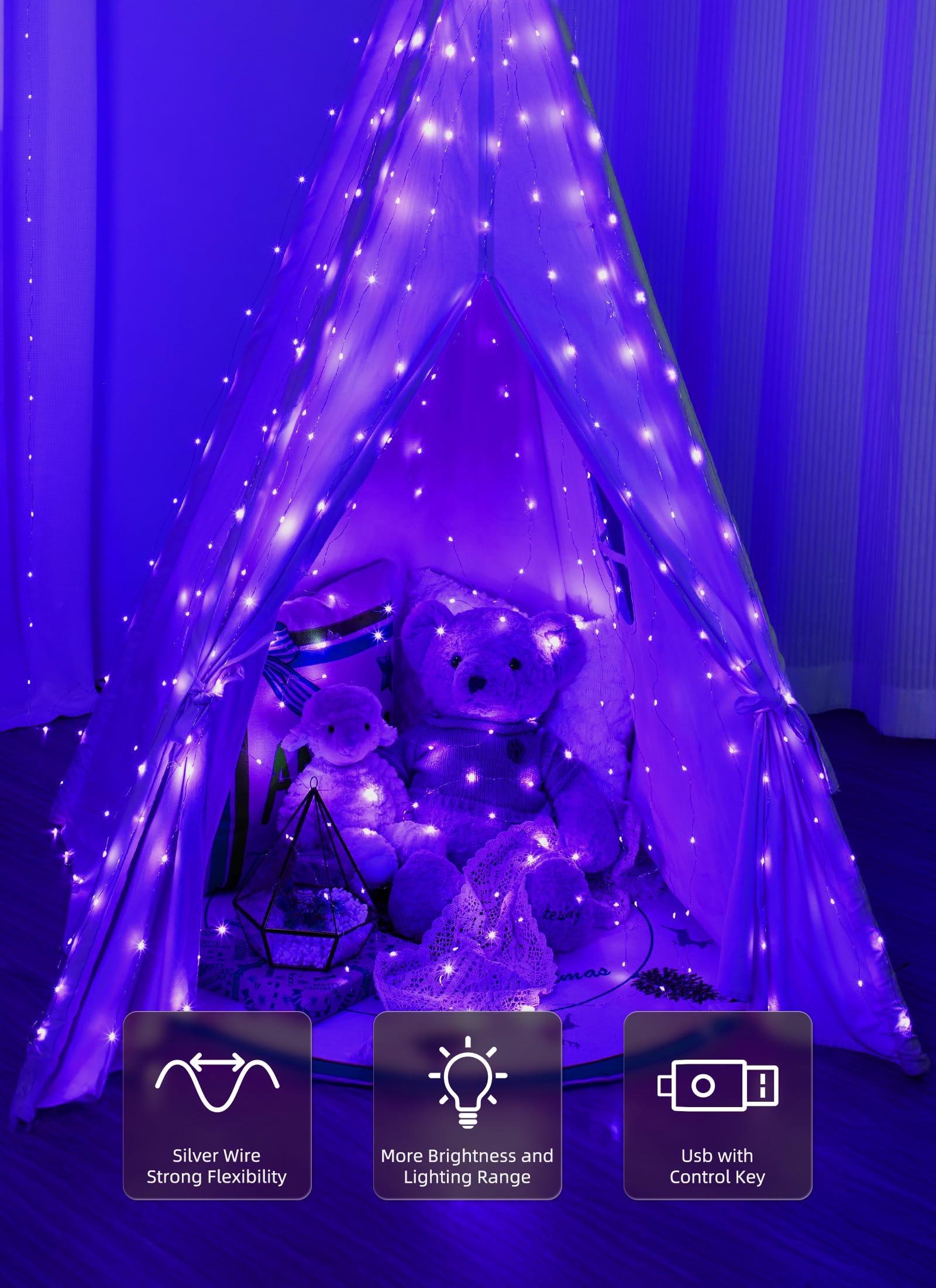 Brightown 300 LED Fairy Curtain Lights, 9.8ft x 9.8ft Warm White Curtain String Lights, USB Plug in 8 Lighting Modes Christmas Decoration, Hanging Lights with Remote for Bedroom Indoor Weddings Dorm