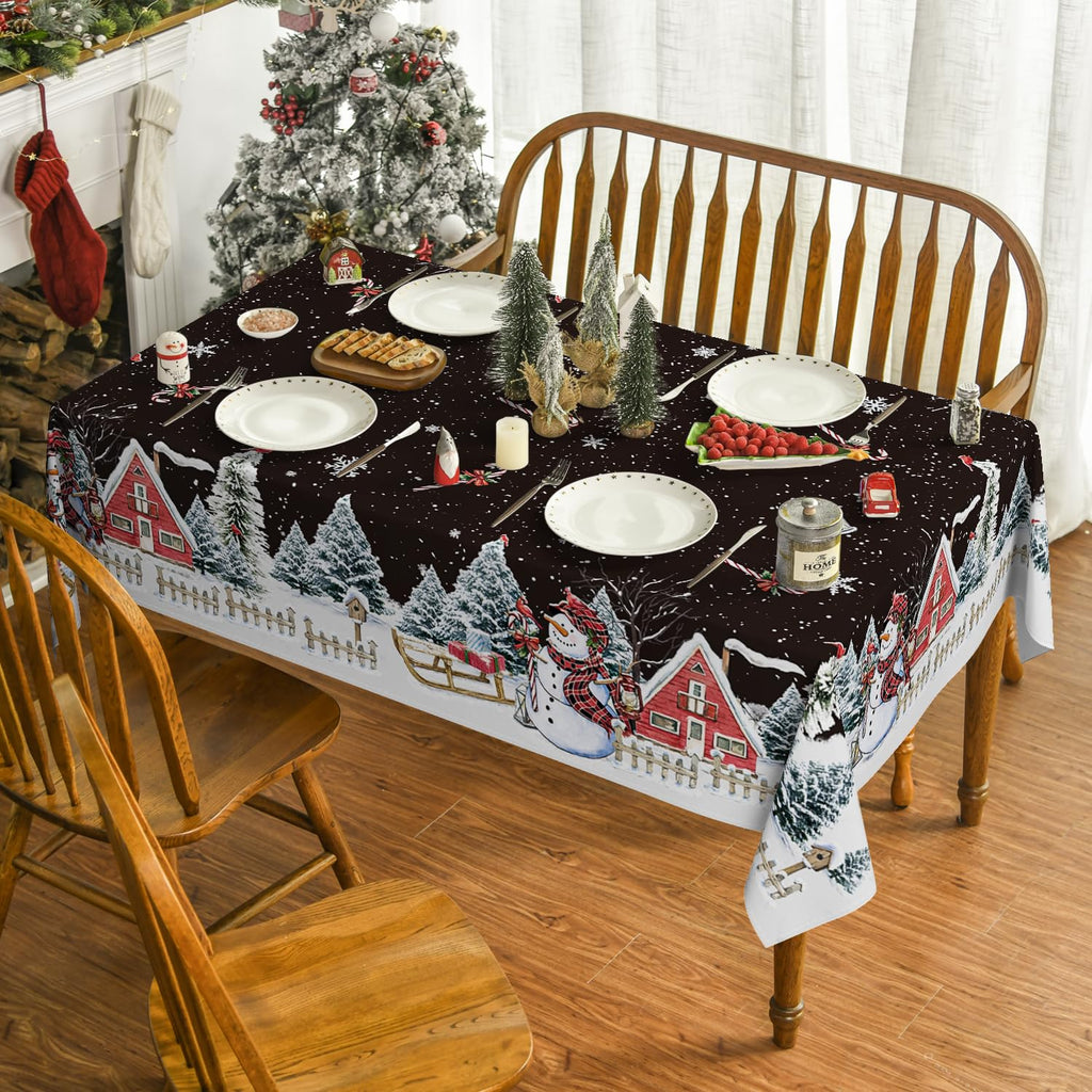 Horaldaily Christmas Tablecloth 60×84 Inch, Winter Snowman House Christmas Trees Red Washable Table Cover for Party Picnic Dinner Decor