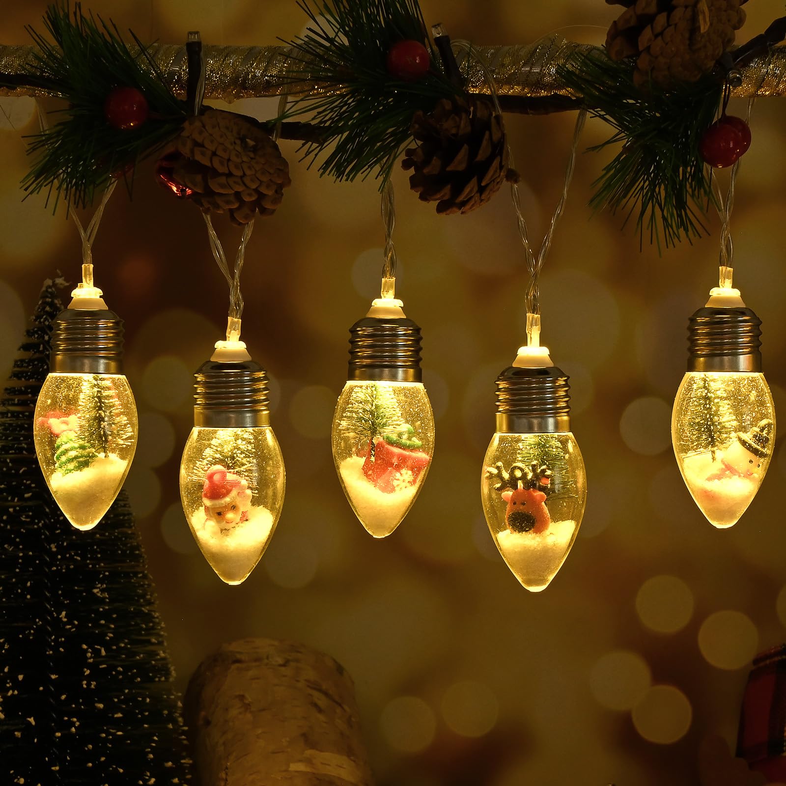 WENMER 2Pcs Christmas Snow Globe String Lights, 13.2FT Vintage Christmas Lights Indoor, 20 LED Globe Bulbs String Light with Snow & Cute Ornaments, Xmas Decor for Mantle, Patio, bedrooms