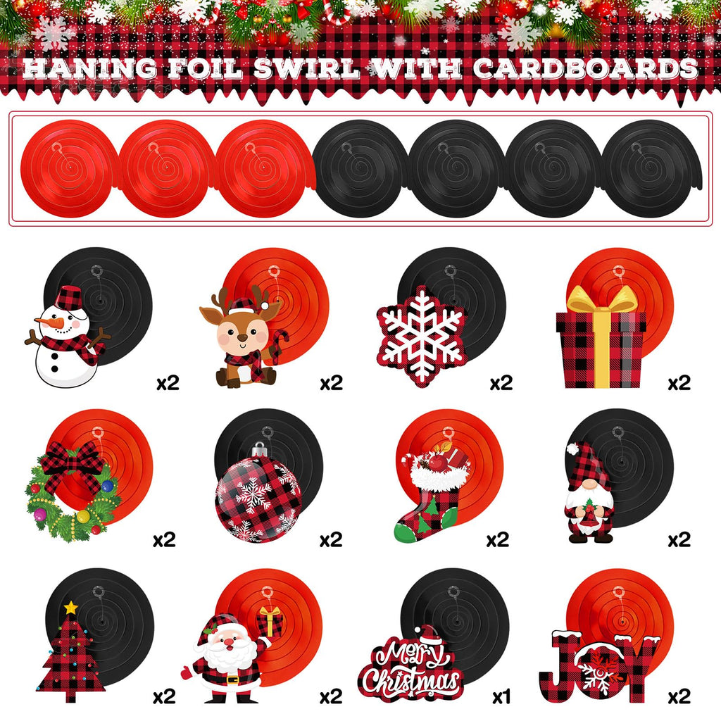 Sumind 30 Pcs Christmas Swirl Ceiling Hanging Decorations Set Xmas Holiday Snowman Elk Sign Hanging Foil Christmas Indoor Decorations for Ceiling Xmas Holiday Party Decor(Red, Black)