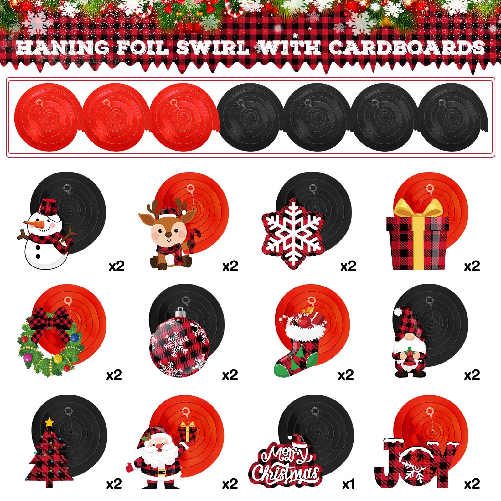 Sumind 30 Pcs Christmas Swirl Ceiling Hanging Decorations Set Xmas Holiday Snowman Elk Sign Hanging Foil Christmas Indoor Decorations for Ceiling Xmas Holiday Party Decor(Red, Black)