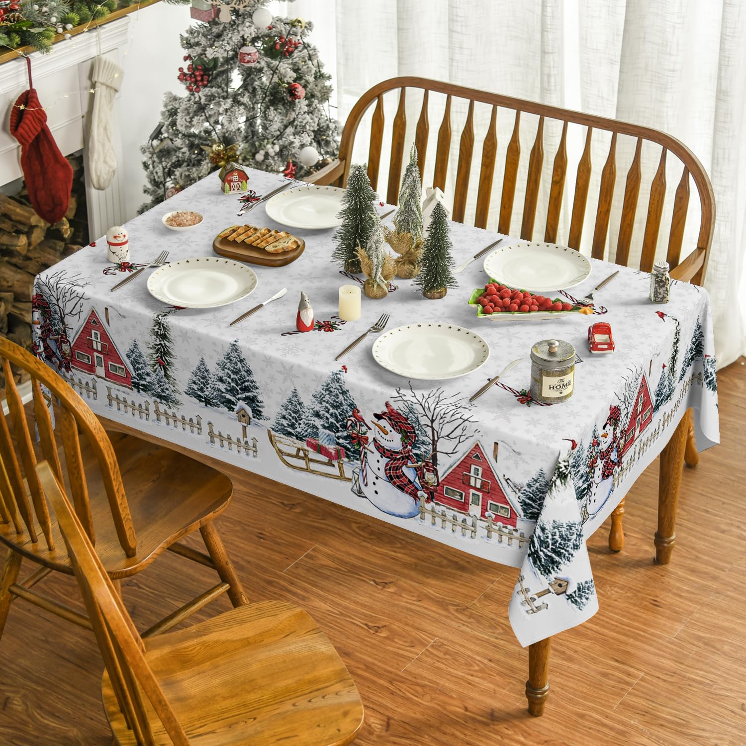 Horaldaily Christmas Tablecloth 60×84 Inch, Winter Snowman House Christmas Trees Red Washable Table Cover for Party Picnic Dinner Decor