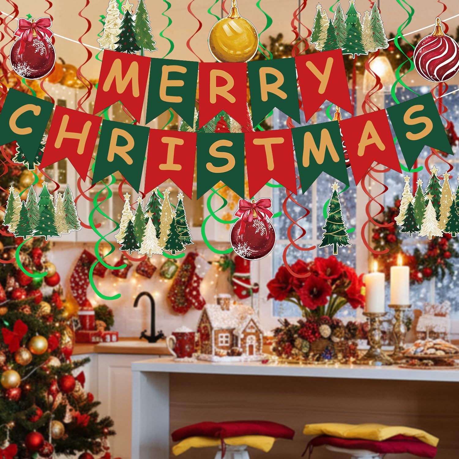 Horaldaily Christmas 30 Pieces Party Hanging Swirl Decorations, Christmas Trees Ball Ornaments Party Hanging Swirls Streamers Ceiling Decor for Home Office Classroom School Boys Girls Supplies