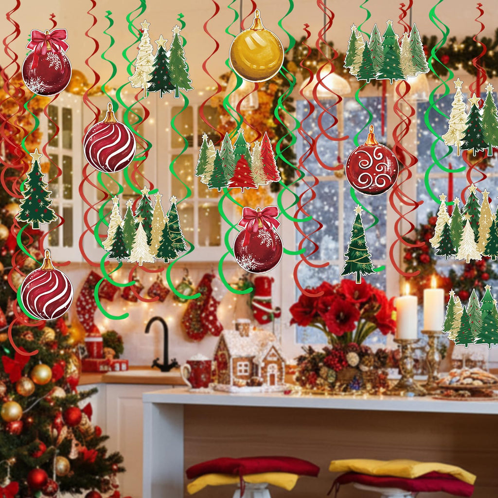 Horaldaily Christmas 30 Pieces Party Hanging Swirl Decorations, Christmas Trees Ball Ornaments Party Hanging Swirls Streamers Ceiling Decor for Home Office Classroom School Boys Girls Supplies