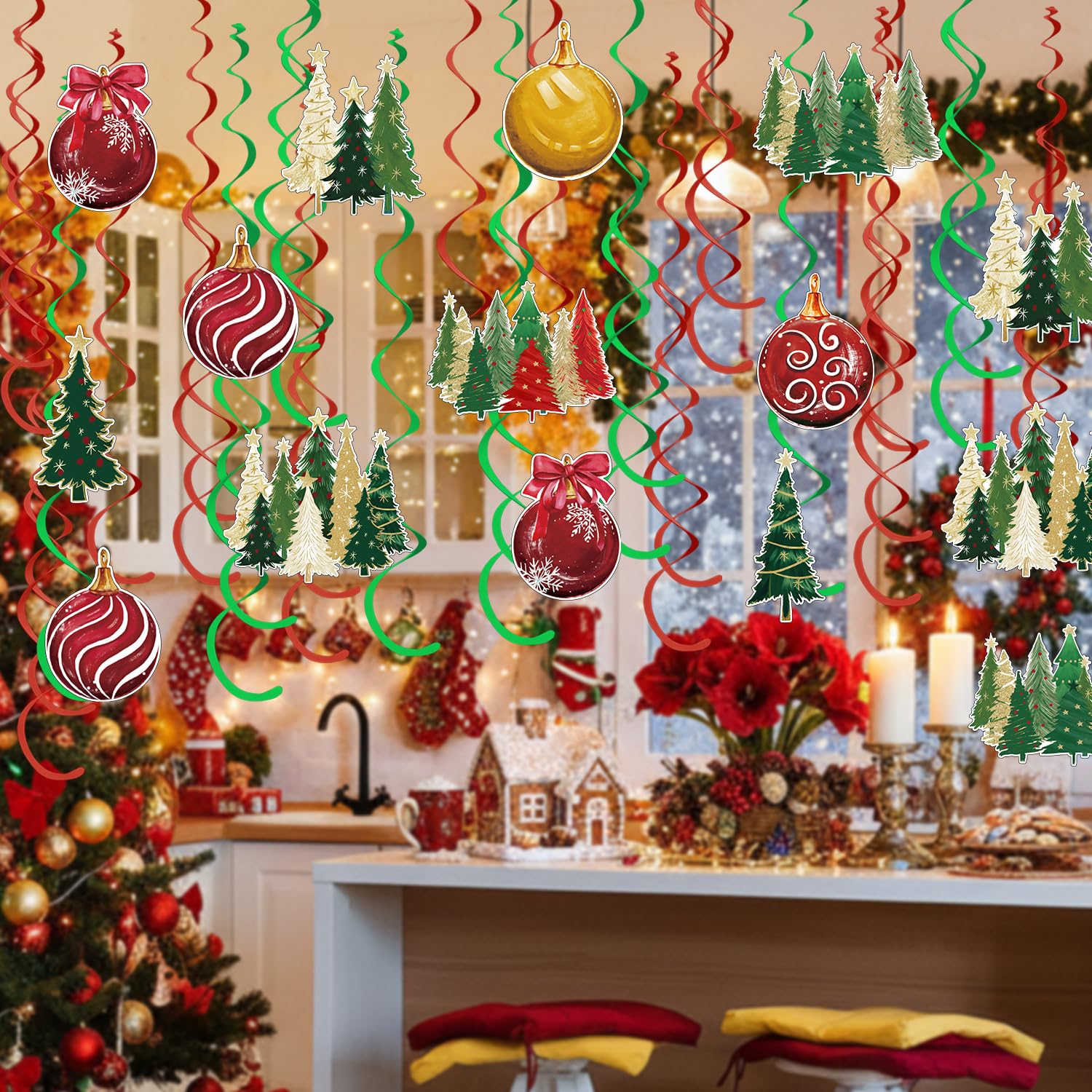Horaldaily Christmas 30 Pieces Party Hanging Swirl Decorations, Christmas Trees Ball Ornaments Party Hanging Swirls Streamers Ceiling Decor for Home Office Classroom School Boys Girls Supplies