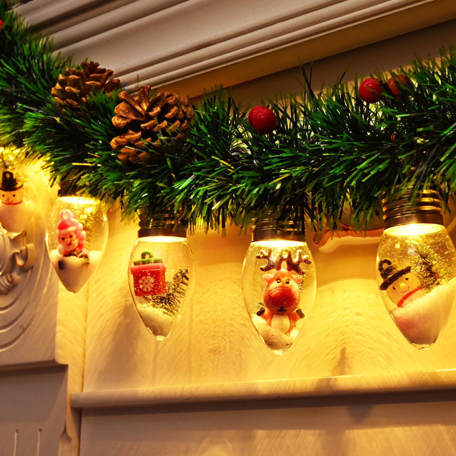 WENMER 2Pcs Christmas Snow Globe String Lights, 13.2FT Vintage Christmas Lights Indoor, 20 LED Globe Bulbs String Light with Snow & Cute Ornaments, Xmas Decor for Mantle, Patio, bedrooms