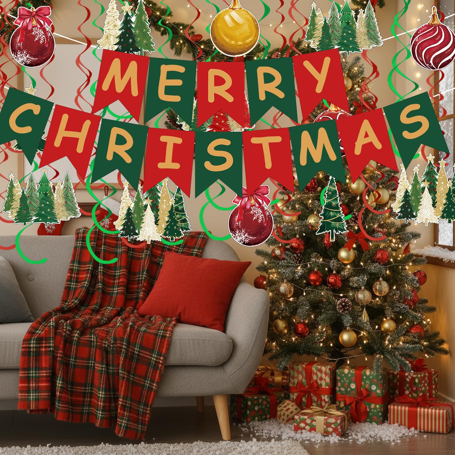 Horaldaily Christmas 30 Pieces Party Hanging Swirl Decorations, Christmas Trees Ball Ornaments Party Hanging Swirls Streamers Ceiling Decor for Home Office Classroom School Boys Girls Supplies