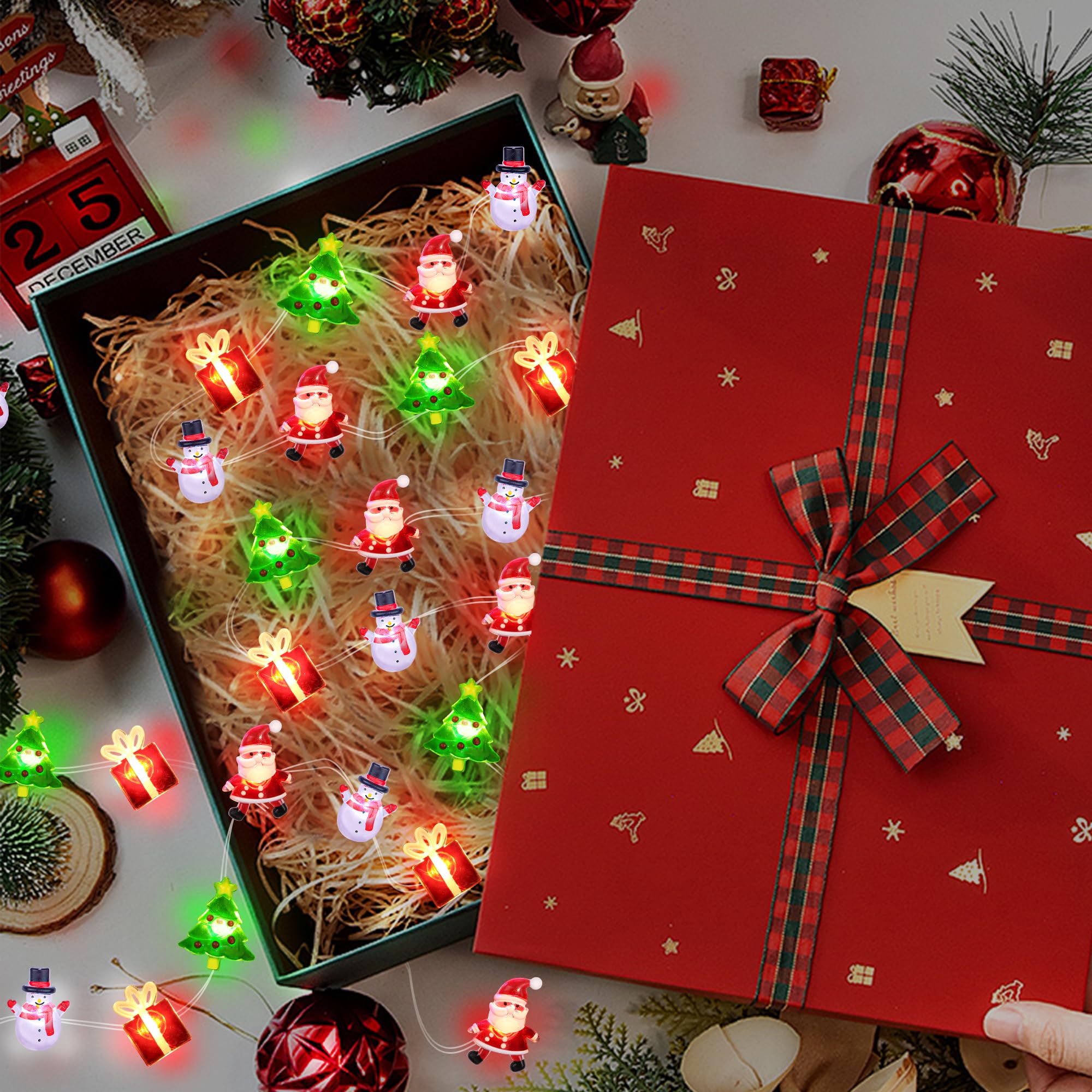 Christmas String Lights 12FT 32 LED Christmas Tree Santa Clause Snowman Gift Box Xmas String Lights Battery Operated Holiday Fairy Lights for Tree Light Decorations Table Home Indoor Holiday Decor
