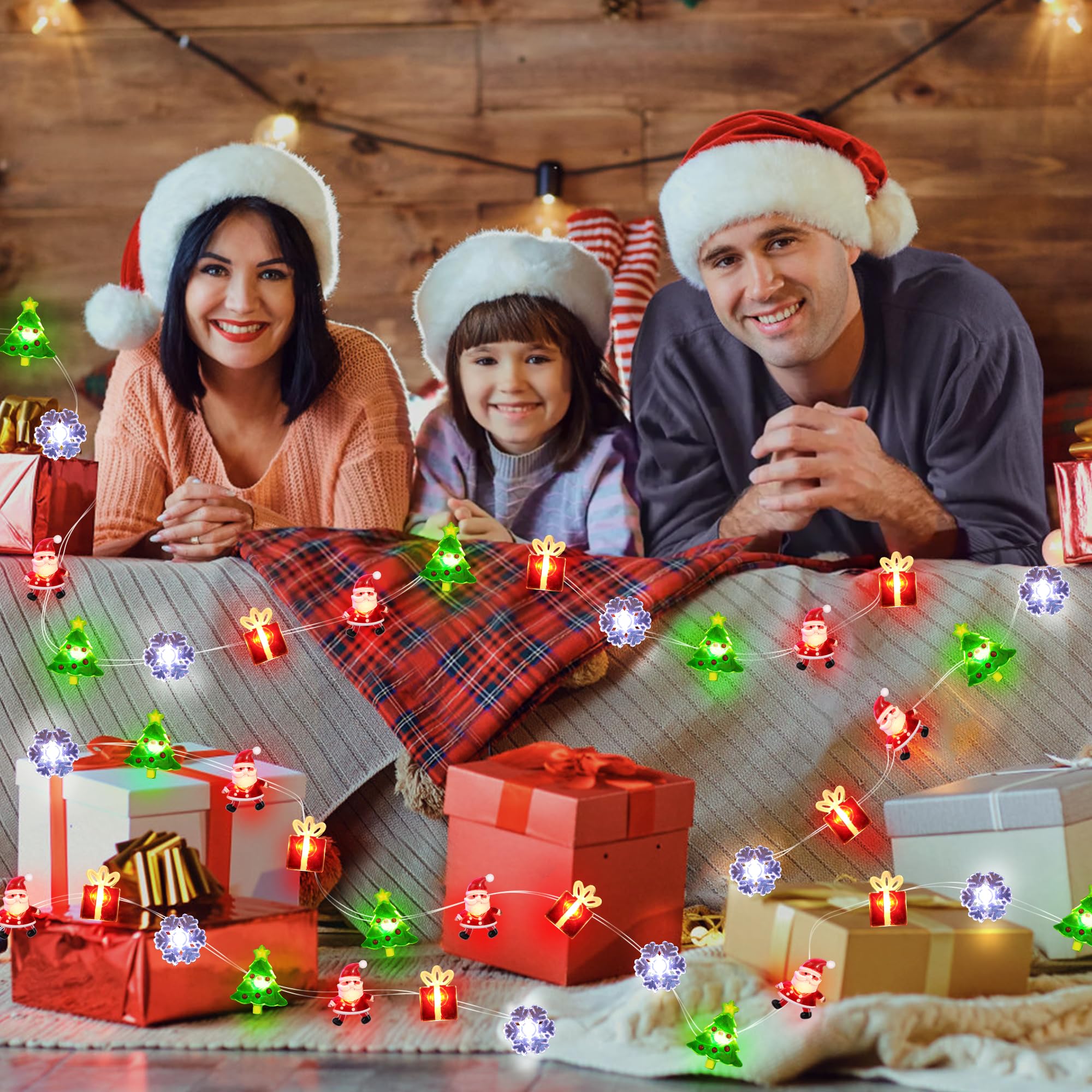 Christmas String Lights 12FT 32 LED Christmas Tree Santa Clause Snowman Gift Box Xmas String Lights Battery Operated Holiday Fairy Lights for Tree Light Decorations Table Home Indoor Holiday Decor