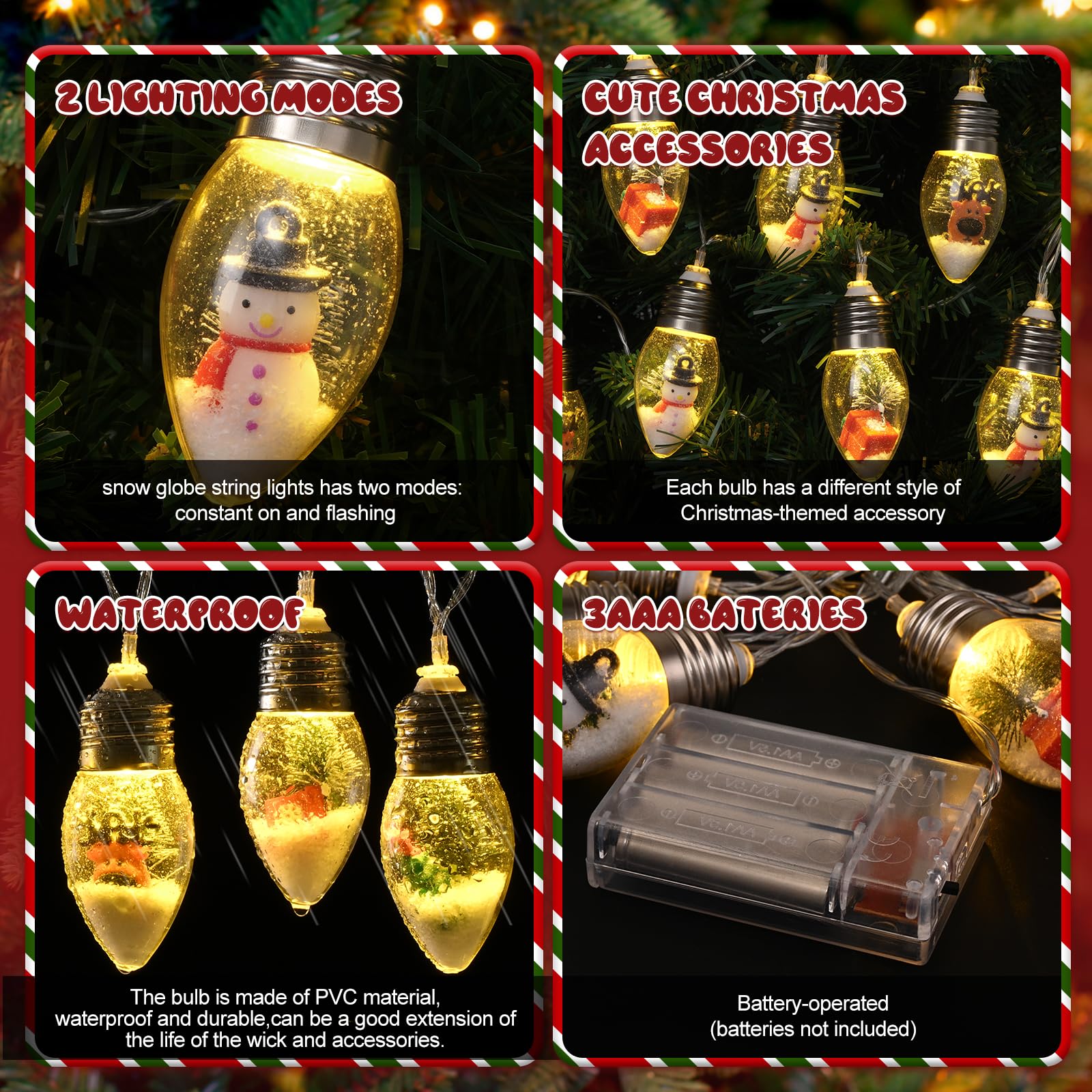 WENMER 2Pcs Christmas Snow Globe String Lights, 13.2FT Vintage Christmas Lights Indoor, 20 LED Globe Bulbs String Light with Snow & Cute Ornaments, Xmas Decor for Mantle, Patio, bedrooms